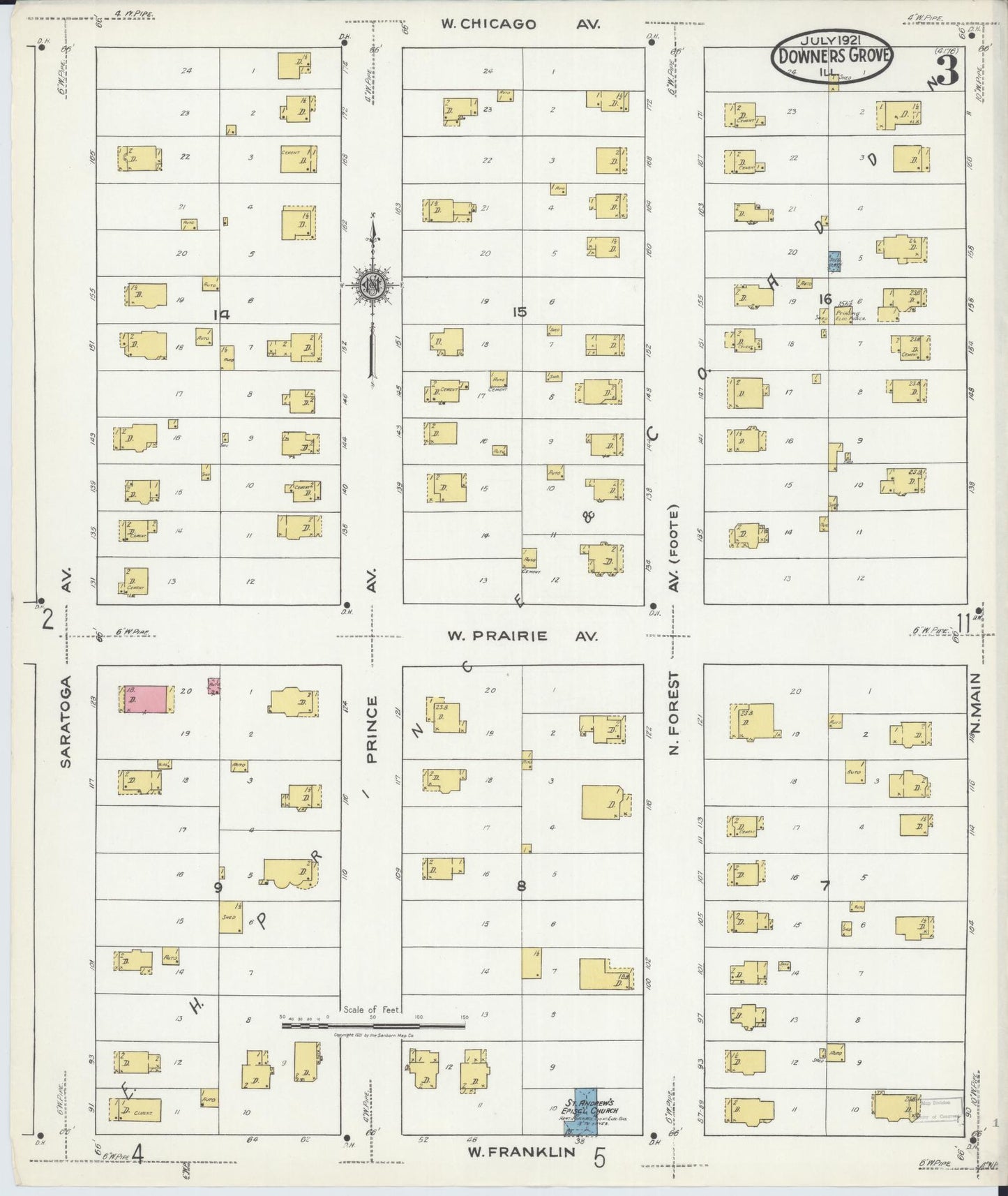 Sanborn Fire Insurance Map from Downers Grove, Dupage County, Illinois (1921), Sheet #0003 - Complete Map Set gallery image, historic Sanborn map, vintage wall art, Illinois Illinois