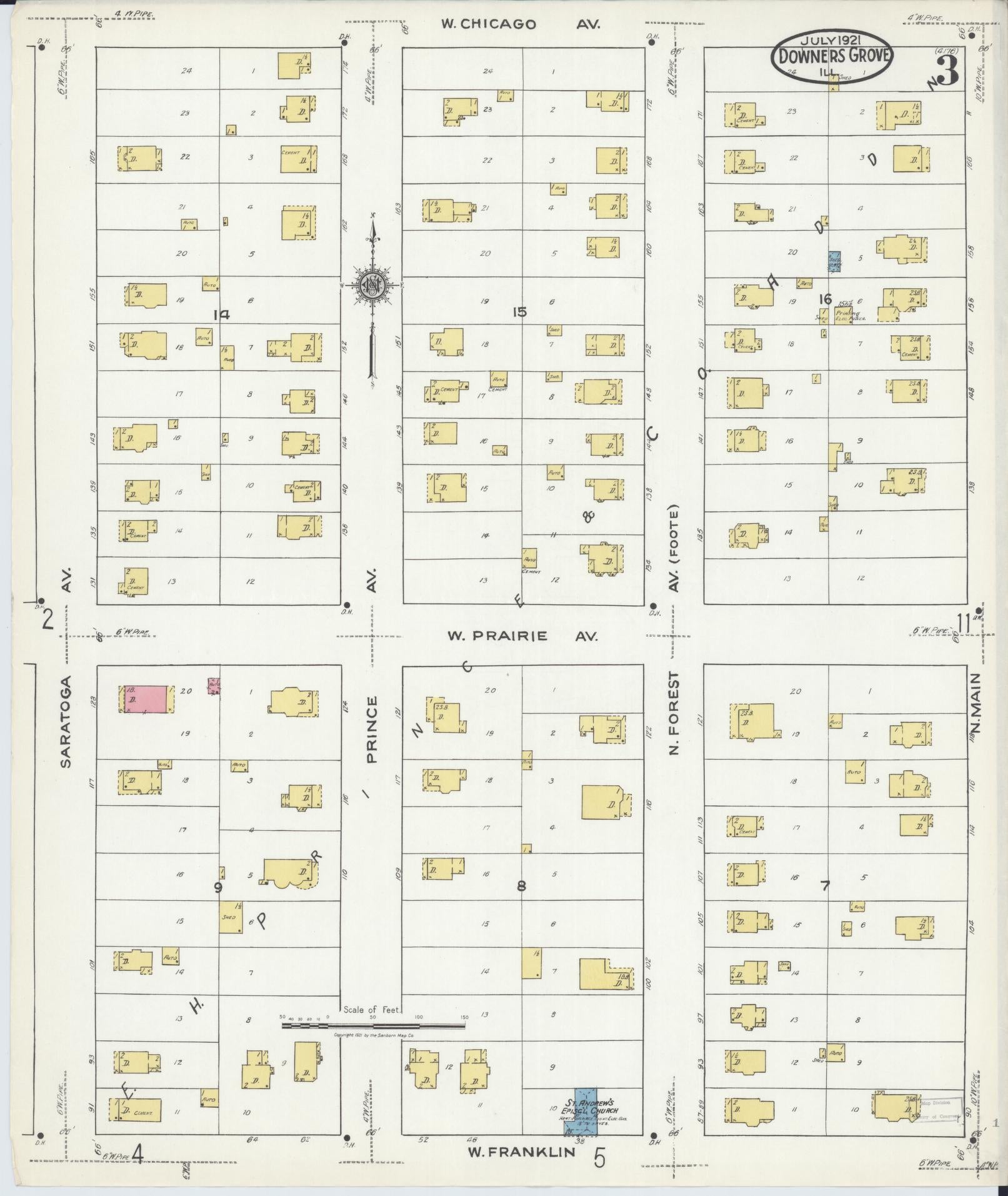 Sanborn Fire Insurance Map from Downers Grove, Dupage County, Illinois (1921), Sheet #0003 - Complete Map Set gallery image, historic Sanborn map, vintage wall art, Illinois Illinois