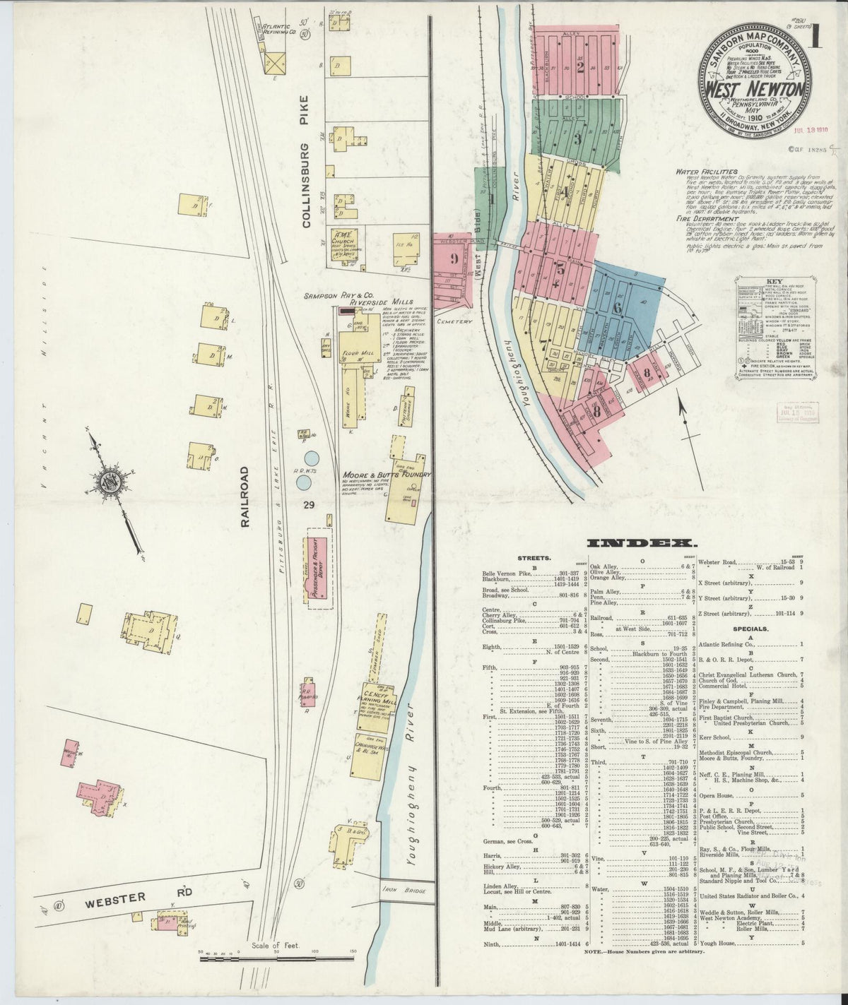 Sanborn Fire Insurance Map from West Newton, Westmoreland County, Pennsylvania (1910), Sheet #0001 - Historic Sanborn Fire Insurance Map Print, vintage old map wall art, antique decor, genealogy gift, Pennsylvania Pennsylvania map