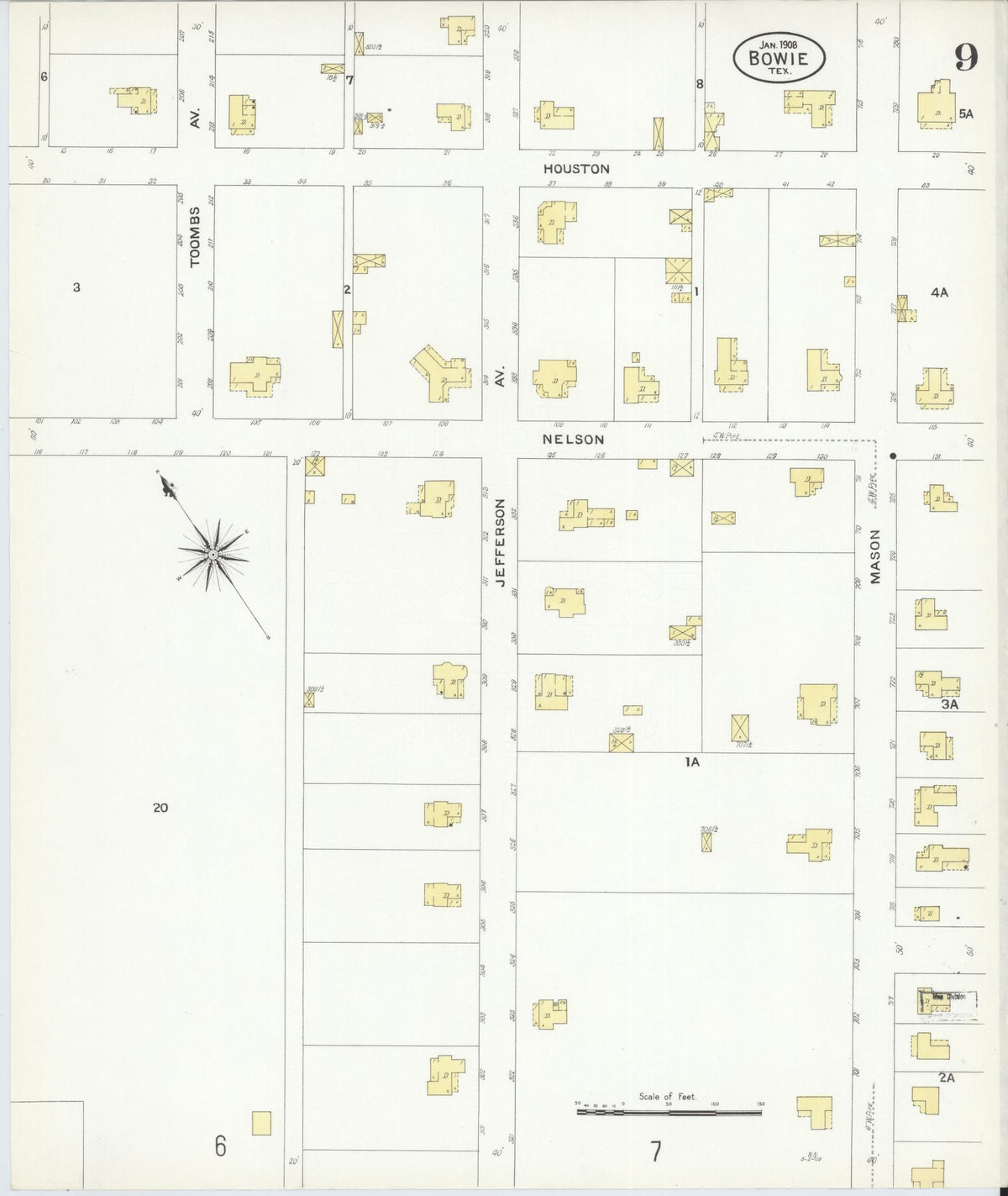 Sanborn Fire Insurance Map from Bowie, Montague County, Texas (1908), Sheet #0009 - Complete Map Set gallery image, historic Sanborn map, vintage wall art, Texas Texas