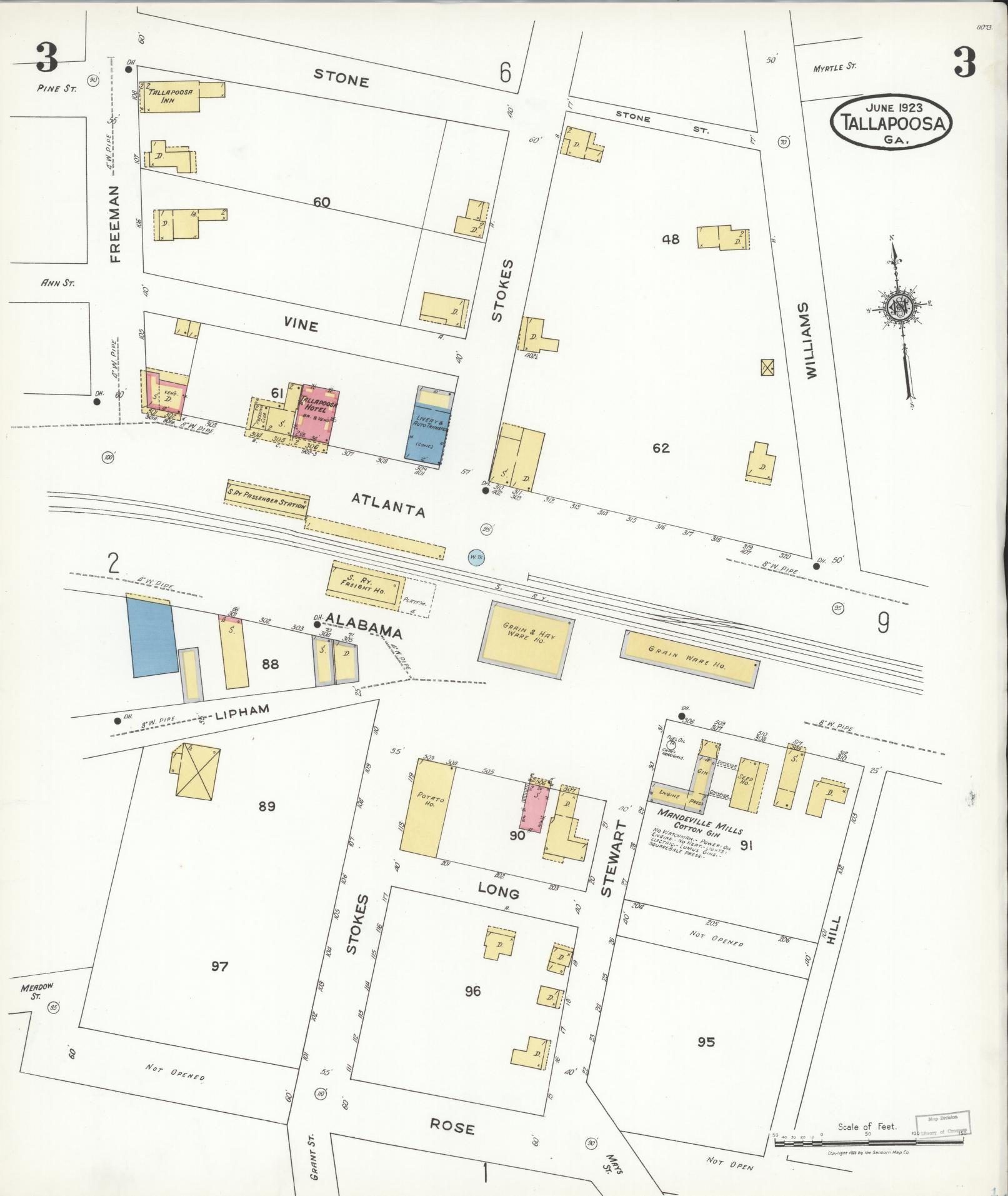 Sanborn Fire Insurance Map from Tallapoosa, Haralson County, Georgia (1923), Sheet #0003 - Complete Map Set gallery image, historic Sanborn map, vintage wall art, Georgia Georgia
