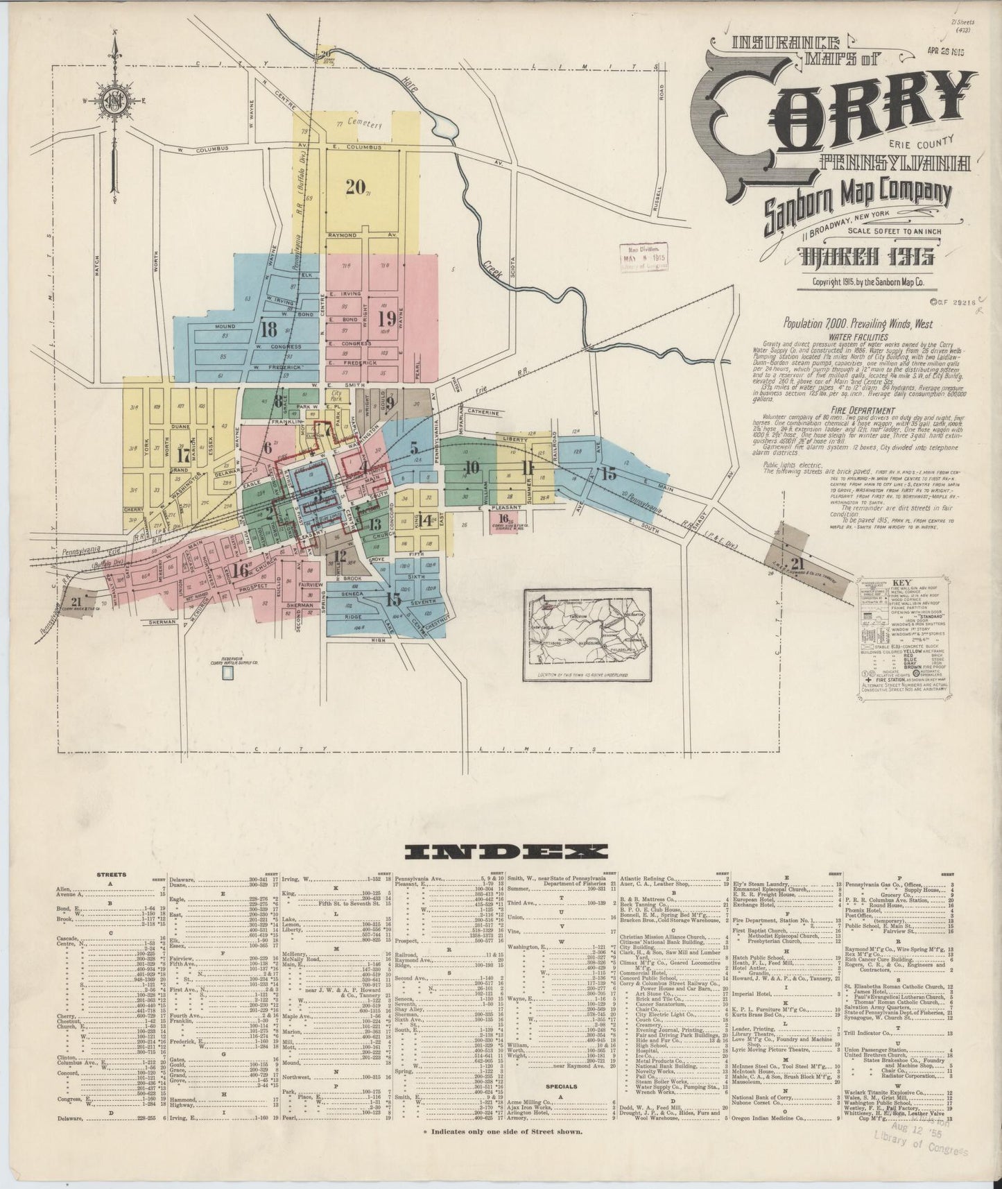 Sanborn Fire Insurance Map from Corry, Erie County, Pennsylvania (1915), Sheet #0001 - Historic Sanborn Fire Insurance Map Print, vintage old map wall art, antique decor, genealogy gift, Pennsylvania Pennsylvania map