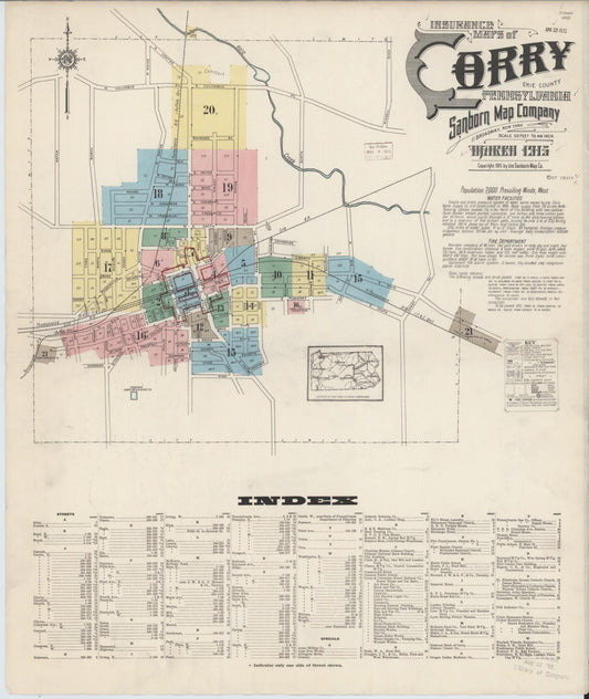 Sanborn Fire Insurance Map from Corry, Erie County, Pennsylvania (1915), Sheet #0001 - Historic Sanborn Fire Insurance Map Print, vintage old map wall art, antique decor, genealogy gift, Pennsylvania Pennsylvania map