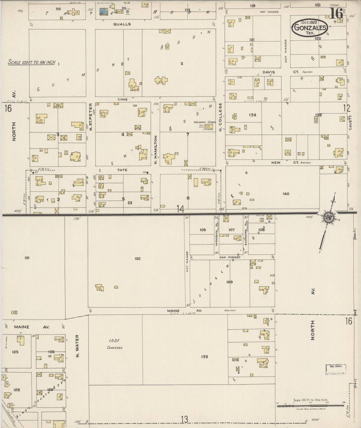 Sanborn Fire Insurance Map from Gonzales, Gonzales County, Texas (1922), Sheet #0016 - Complete Map Set gallery image, historic Sanborn map, vintage wall art, Texas Texas