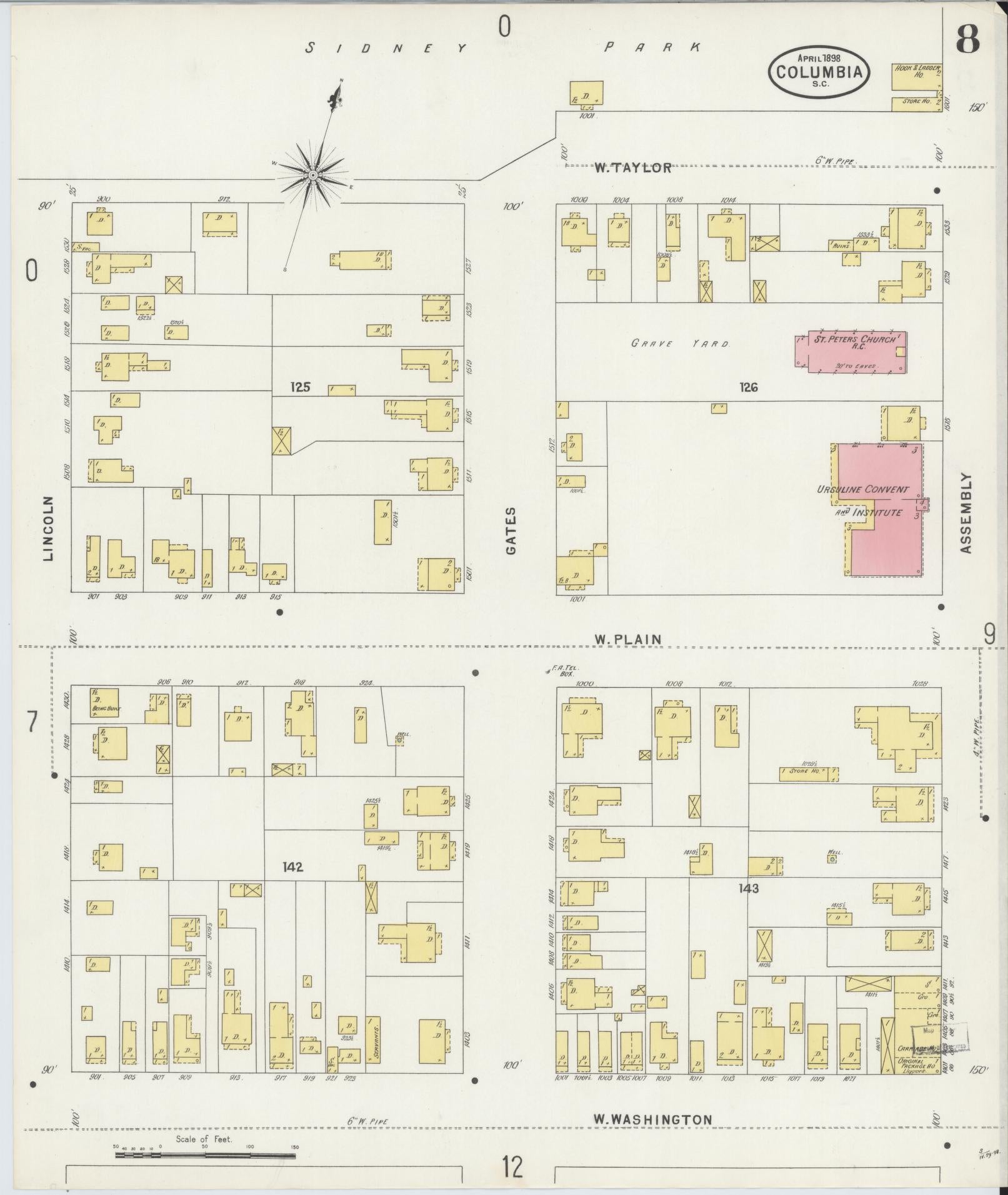 Sanborn Fire Insurance Map from Columbia, Richland County, South Carolina (1898), Sheet #0008 - Complete Map Set gallery image, historic Sanborn map, vintage wall art, South Carolina South Carolina