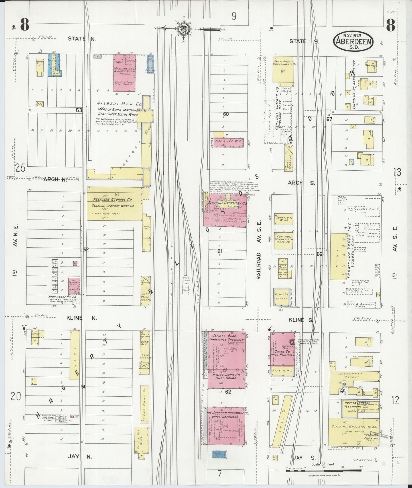 Sanborn Fire Insurance Map from Aberdeen, Brown County, South Dakota (1923), Sheet #0008 - Complete Map Set gallery image, historic Sanborn map, vintage wall art, South Dakota South Dakota
