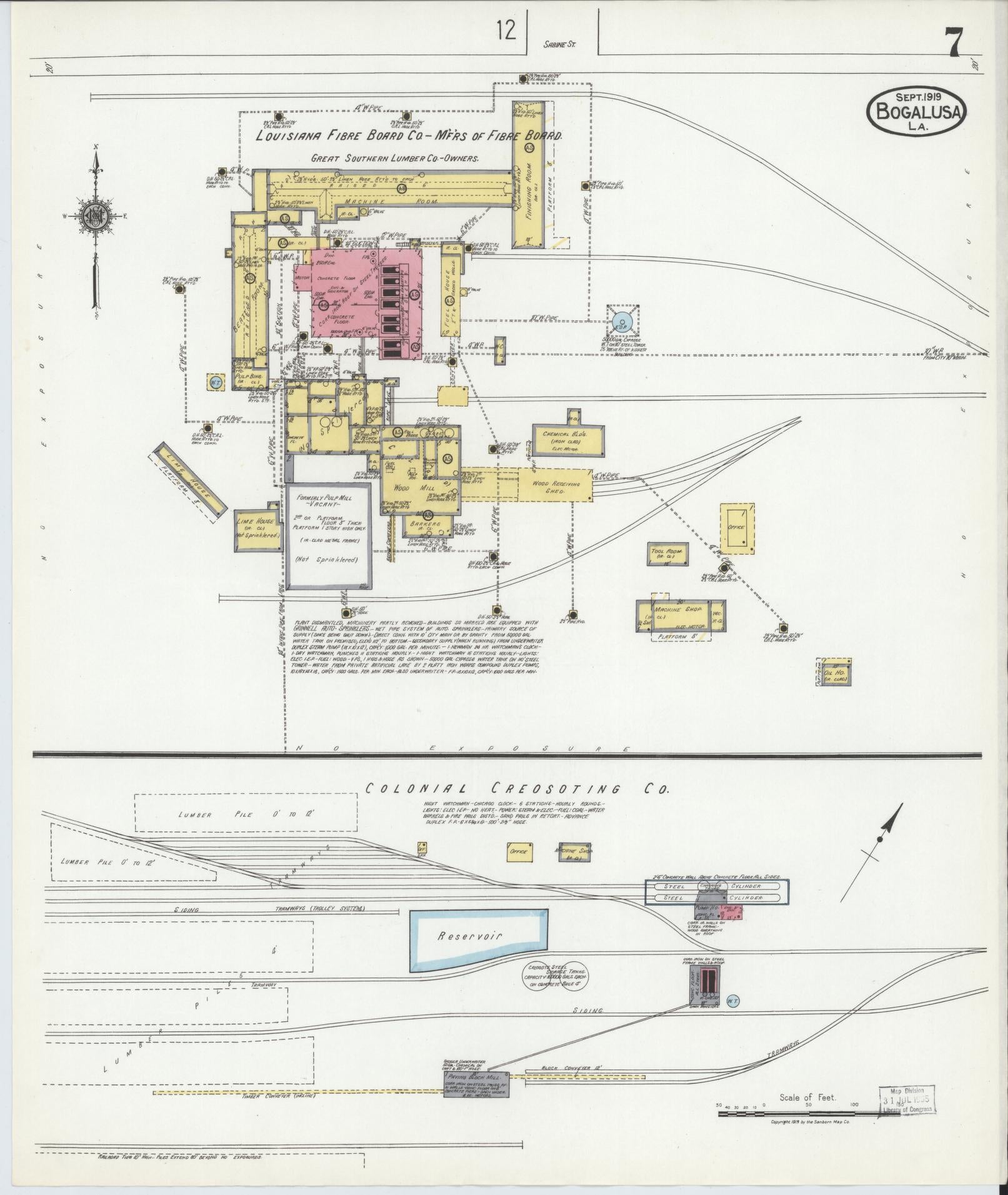 Sanborn Fire Insurance Map from Bogalusa, Washington Parish, Louisiana (1919), Sheet #0007 - Historic Sanborn Fire Insurance Map Print, vintage old map wall art, antique decor, genealogy gift, Louisiana Louisiana map