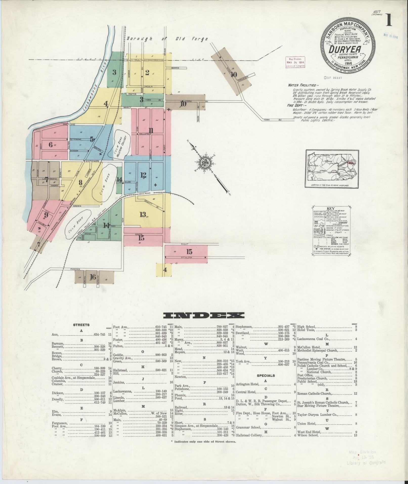 Sanborn Fire Insurance Map from Duryea, Luzerne County, Pennsylvania (1914), Sheet #0001 - Historic Sanborn Fire Insurance Map Print, vintage old map wall art, antique decor, genealogy gift, Pennsylvania Pennsylvania map