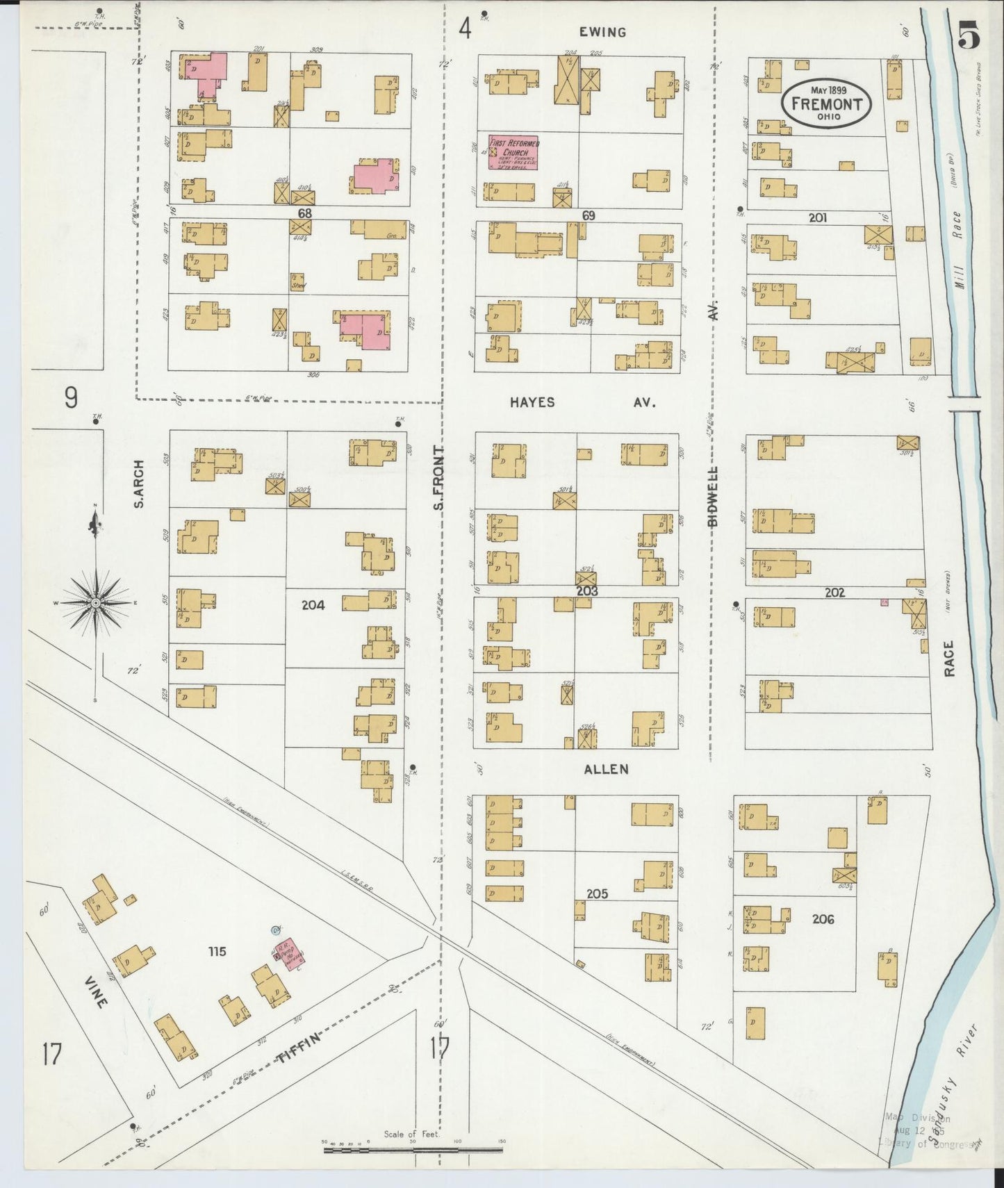 Sanborn Fire Insurance Map from Fremont, Sandusky County, Ohio (1899), Sheet #0005 - Historic Sanborn Fire Insurance Map Print, vintage old map wall art, antique decor, genealogy gift, Ohio Ohio map