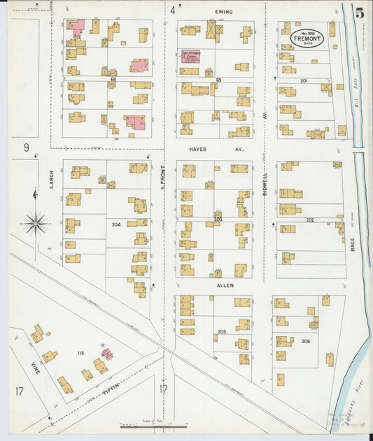 Sanborn Fire Insurance Map from Fremont, Sandusky County, Ohio (1899), Sheet #0005 - Historic Sanborn Fire Insurance Map Print, vintage old map wall art, antique decor, genealogy gift, Ohio Ohio map