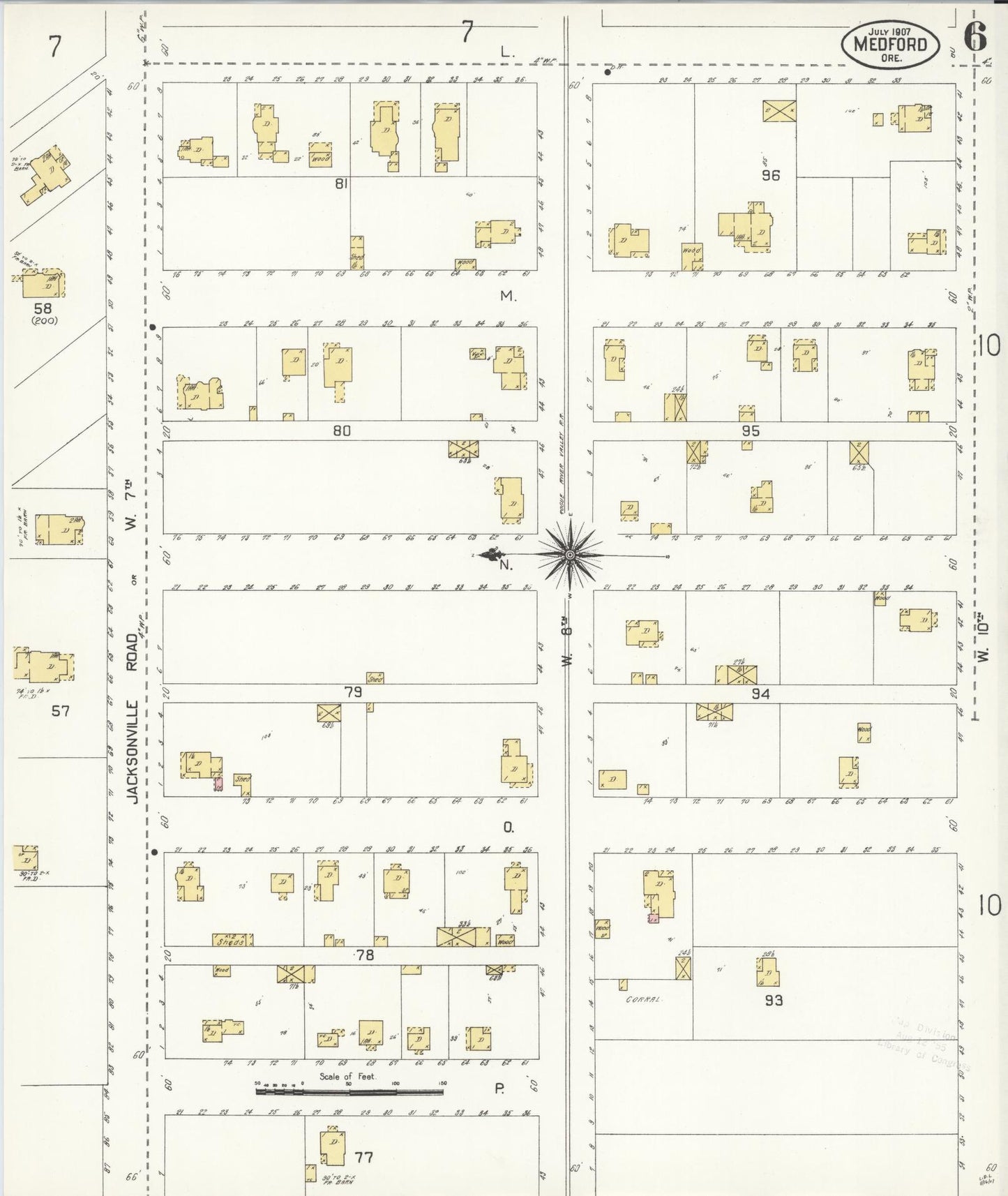 Sanborn Fire Insurance Map from Medford, Jackson County, Oregon (1907), Sheet #0006 - Complete Map Set gallery image, historic Sanborn map, vintage wall art, Oregon Oregon