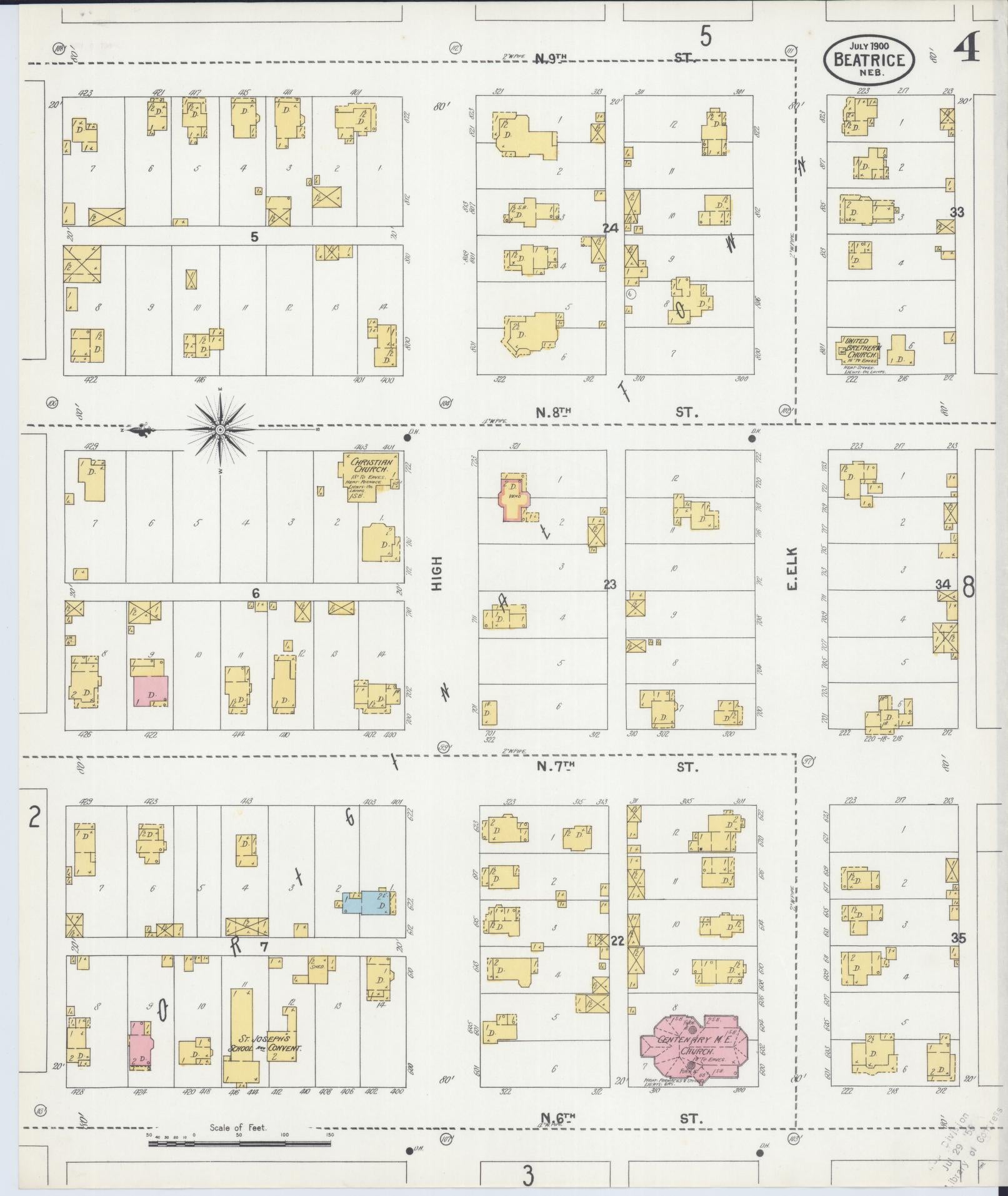Sanborn Fire Insurance Map from Beatrice, Gage County, Nebraska (1900), Sheet #0004 - Historic Sanborn Fire Insurance Map Print, vintage old map wall art, antique decor, genealogy gift, Nebraska Nebraska map
