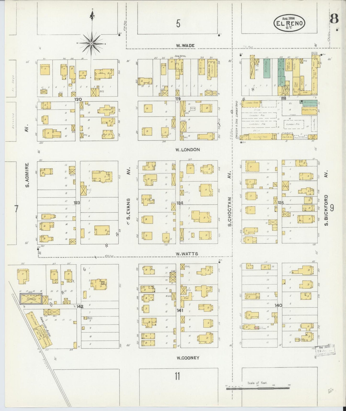 Sanborn Fire Insurance Map from El Reno, Canadian County, Oklahoma (1904), Sheet #0008 - Complete Map Set gallery image, historic Sanborn map, vintage wall art, Oklahoma Oklahoma
