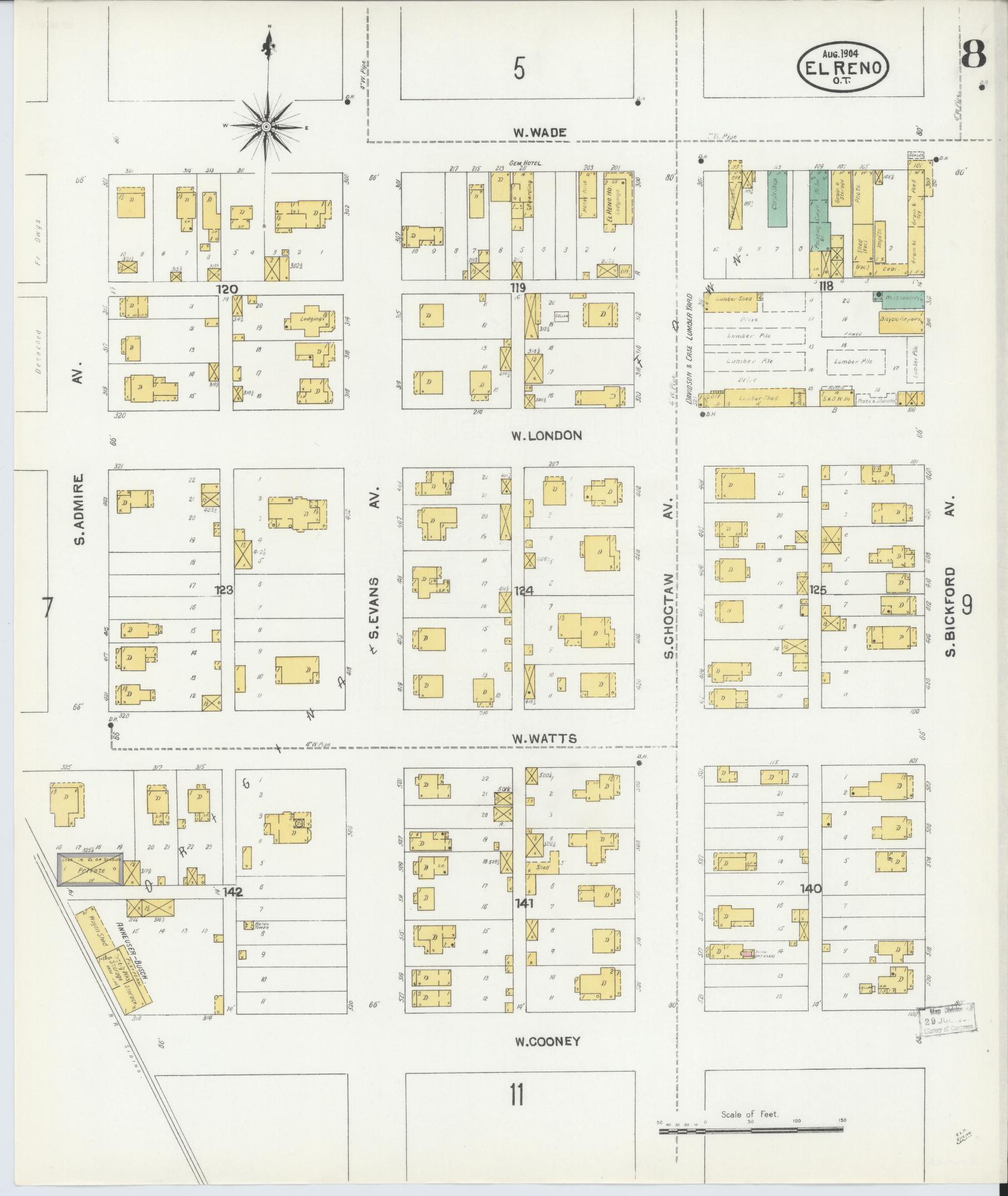 Sanborn Fire Insurance Map from El Reno, Canadian County, Oklahoma (1904), Sheet #0008 - Complete Map Set gallery image, historic Sanborn map, vintage wall art, Oklahoma Oklahoma