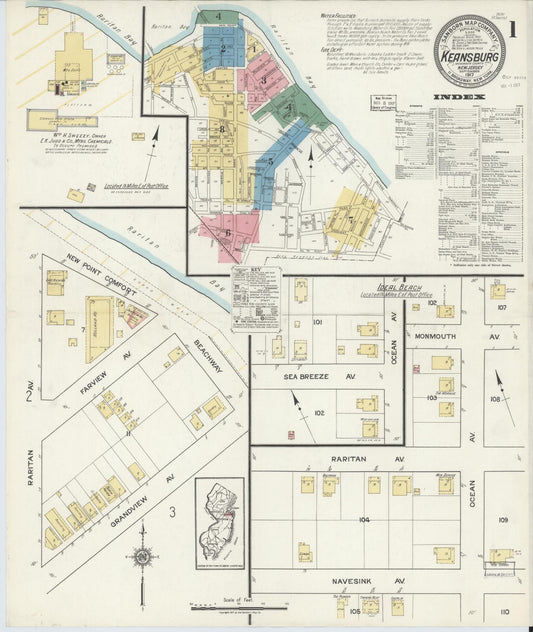 Sanborn Fire Insurance Map from Keansburg, Monmouth County, New Jersey (1917), Sheet #0001 - Historic Sanborn Fire Insurance Map Print, vintage old map wall art, antique decor, genealogy gift, New Jersey New Jersey map