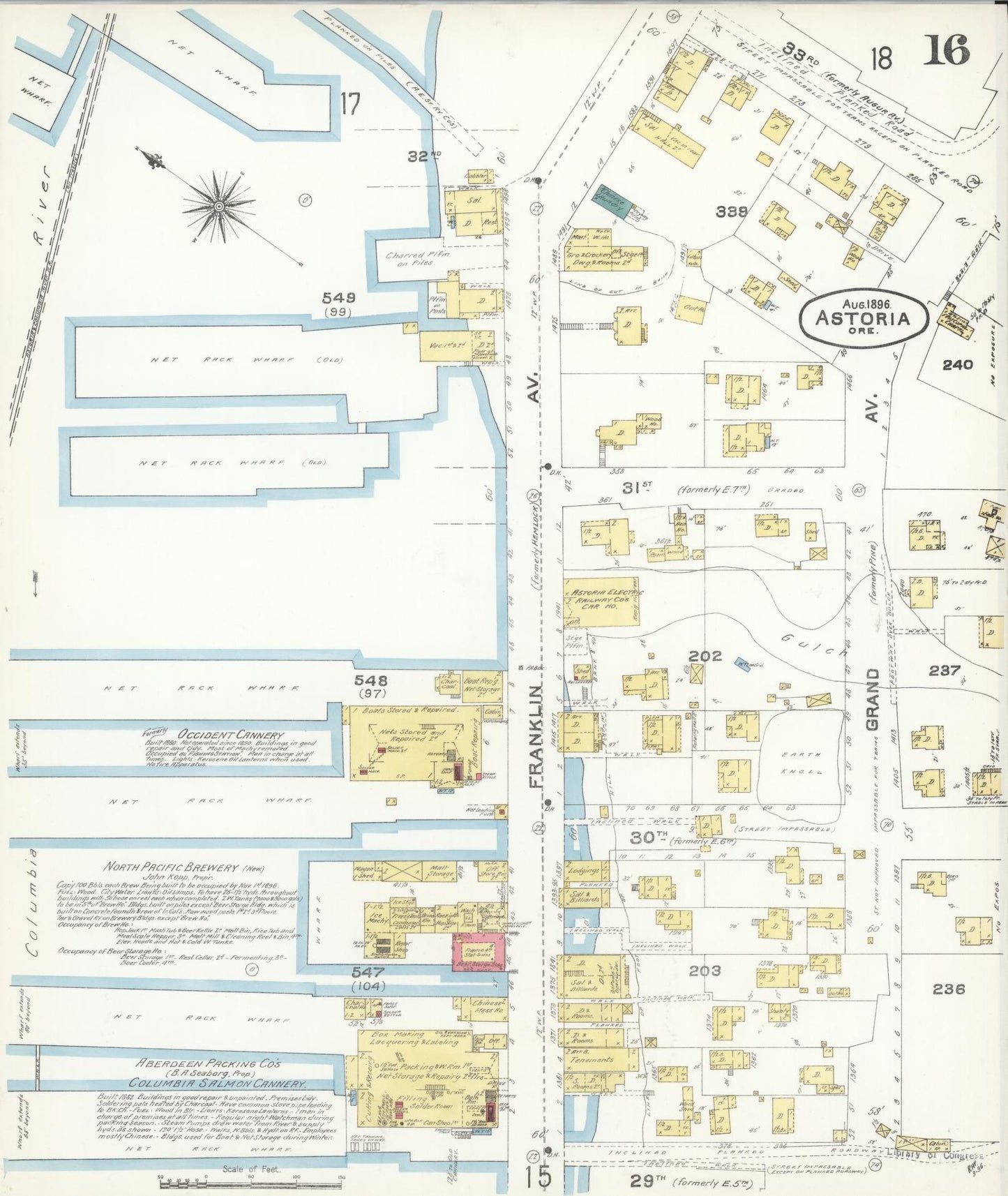 Sanborn Fire Insurance Map from Astoria, Clatsop County, Oregon (1896), Sheet #0016 - Historic Sanborn Fire Insurance Map Print, vintage old map wall art, antique decor, genealogy gift, Oregon Oregon map
