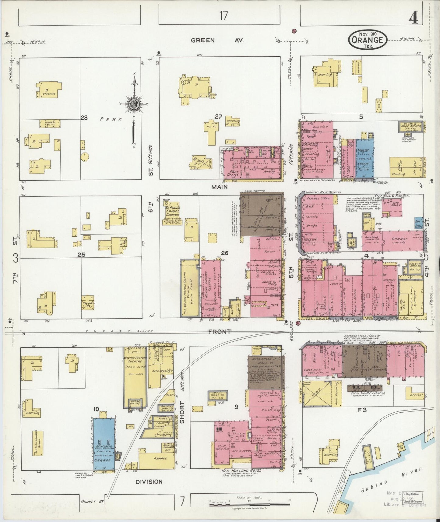 Sanborn Fire Insurance Map from Orange, Orange County, Texas (1919), Sheet #0004 - Historic Sanborn Fire Insurance Map Print, vintage old map wall art, antique decor, genealogy gift, Texas Texas map