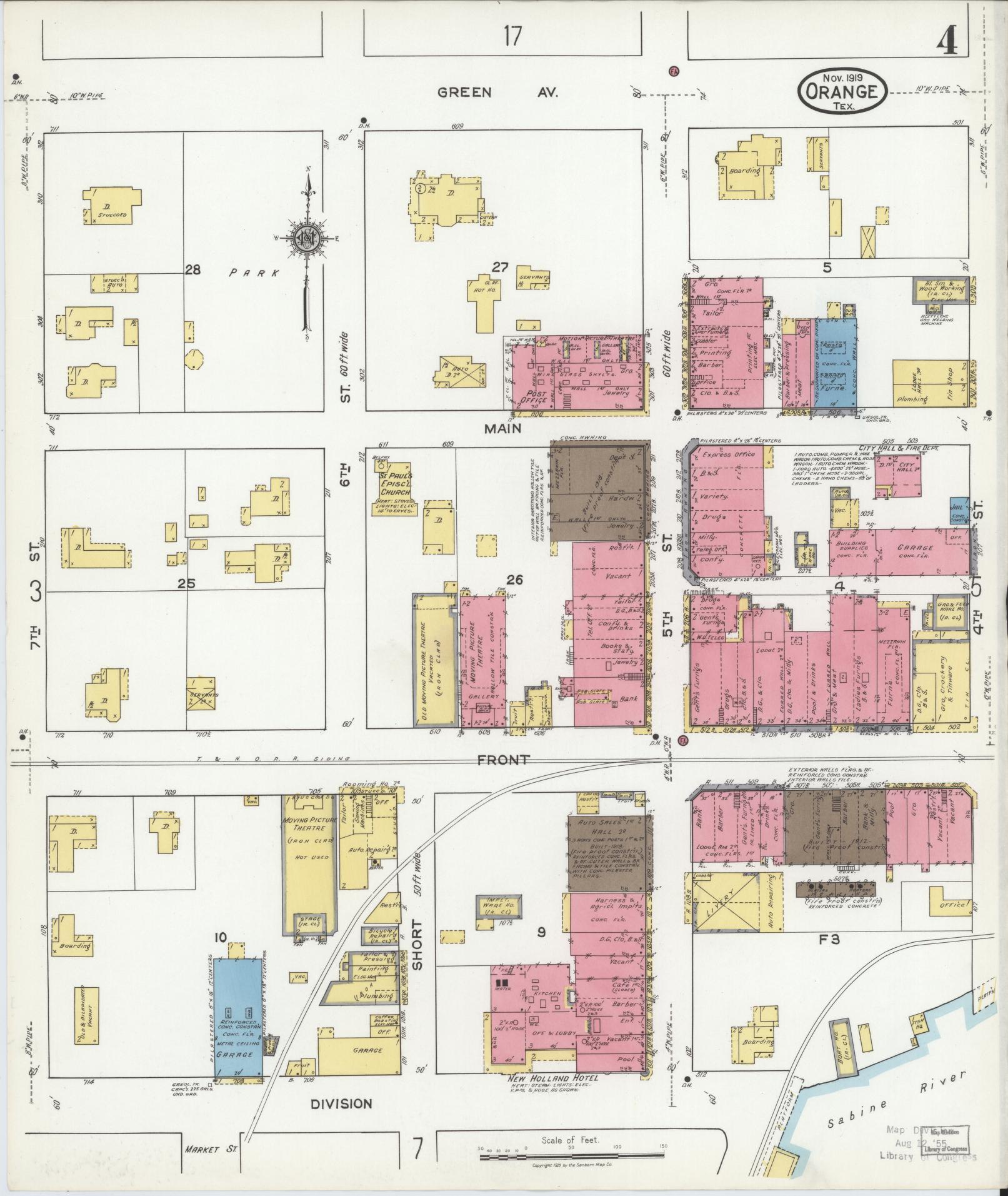 Sanborn Fire Insurance Map from Orange, Orange County, Texas (1919), Sheet #0004 - Historic Sanborn Fire Insurance Map Print, vintage old map wall art, antique decor, genealogy gift, Texas Texas map