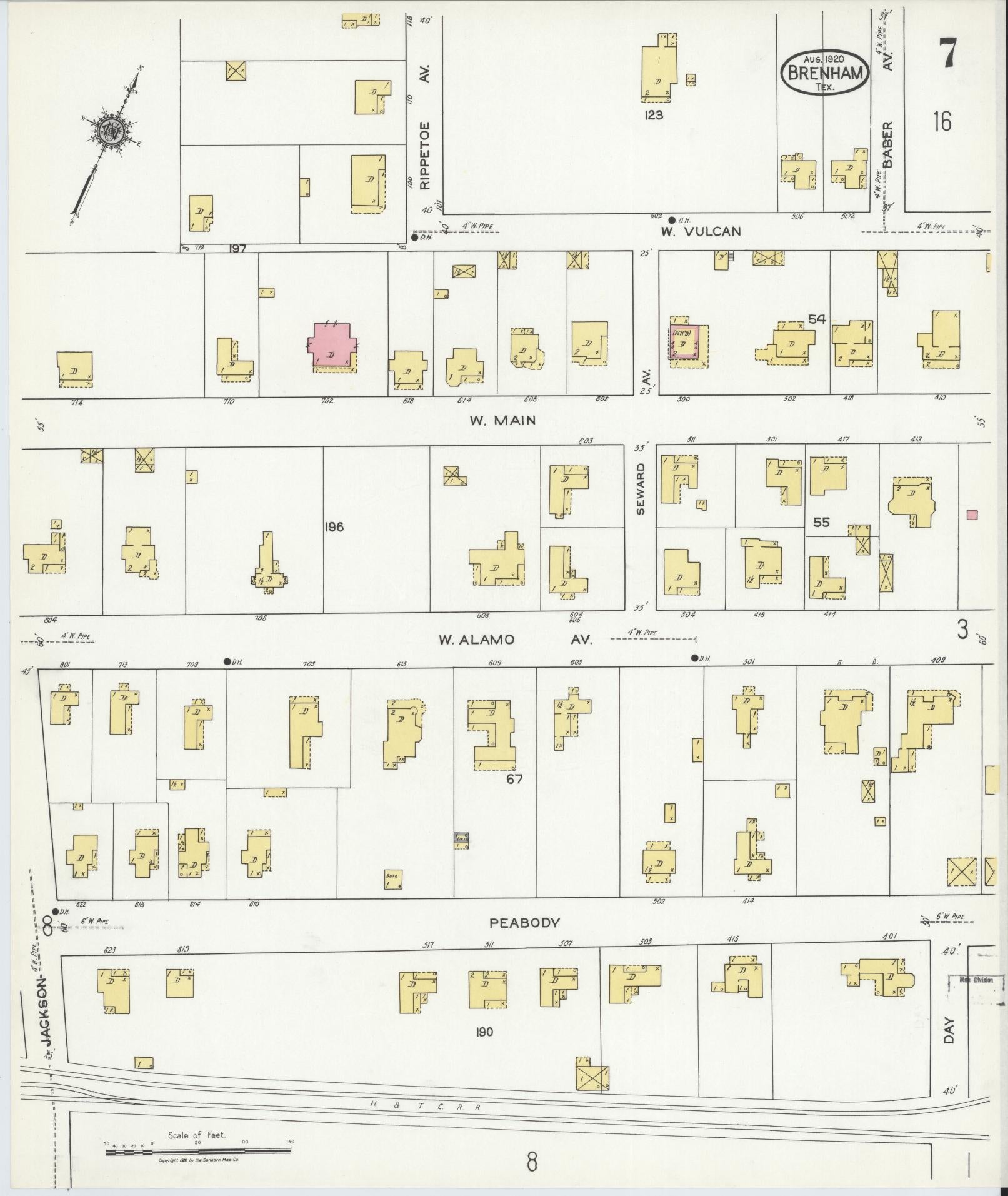 Sanborn Fire Insurance Map from Brenham, Washington County, Texas (1920), Sheet #0007 - Historic Sanborn Fire Insurance Map Print, vintage old map wall art, antique decor, genealogy gift, Texas Texas map
