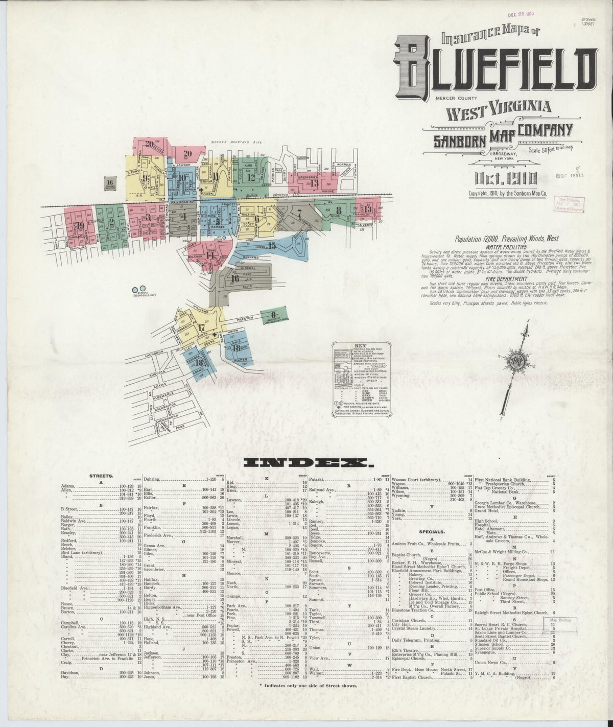 Sanborn Fire Insurance Map from Bluefield, Mercer County, West Virginia (1910), Sheet #0001 - Historic Sanborn Fire Insurance Map Print, vintage old map wall art, antique decor, genealogy gift, West Virginia West Virginia map