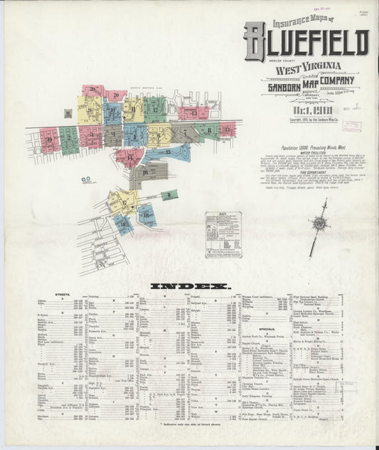 Sanborn Fire Insurance Map from Bluefield, Mercer County, West Virginia (1910), Sheet #0001 - Historic Sanborn Fire Insurance Map Print, vintage old map wall art, antique decor, genealogy gift, West Virginia West Virginia map