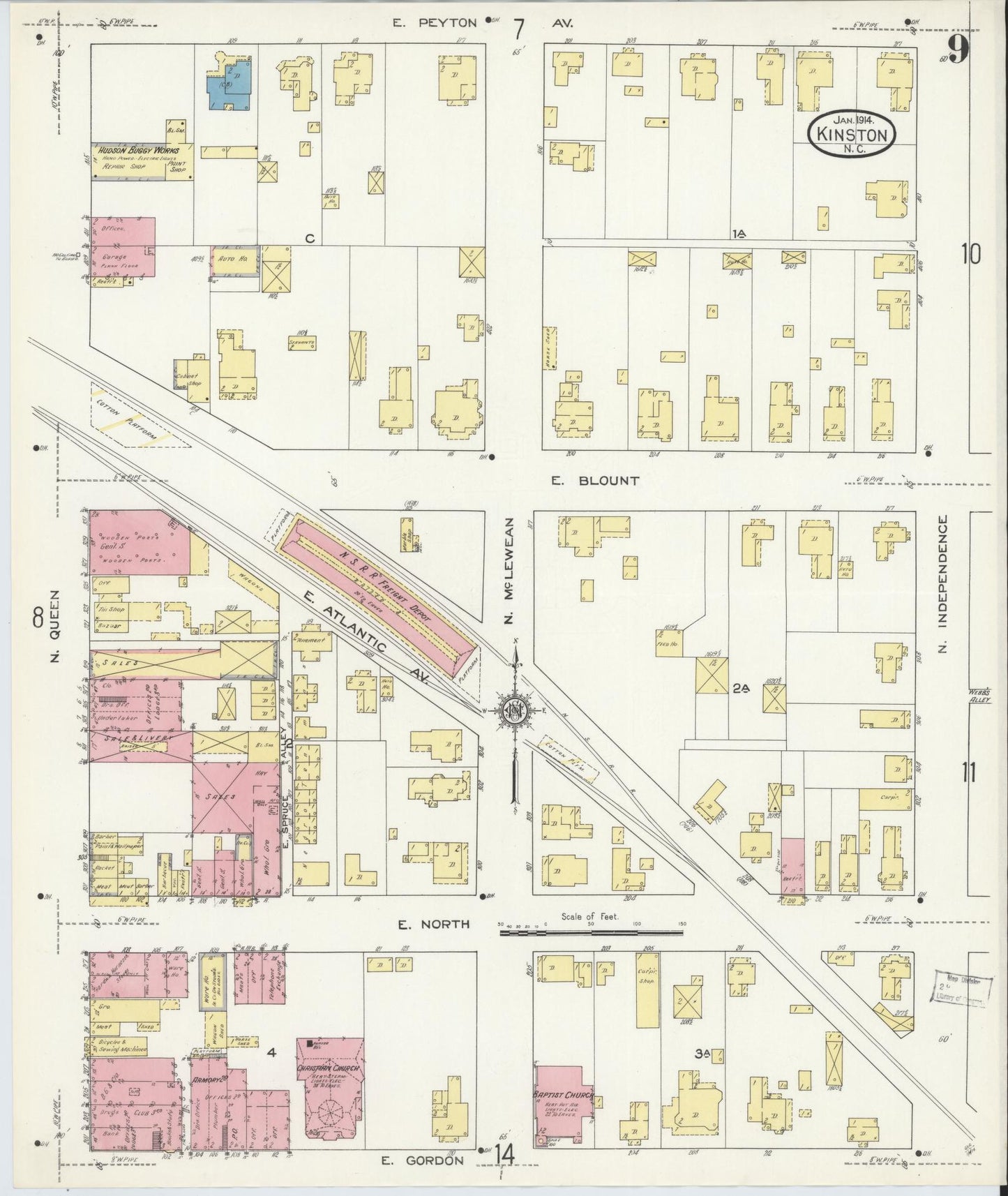 Sanborn Fire Insurance Map from Kinston, Lenoir County, North Carolina (1914), Sheet #0009 - Historic Sanborn Fire Insurance Map Print, vintage old map wall art, antique decor, genealogy gift, North Carolina North Carolina map
