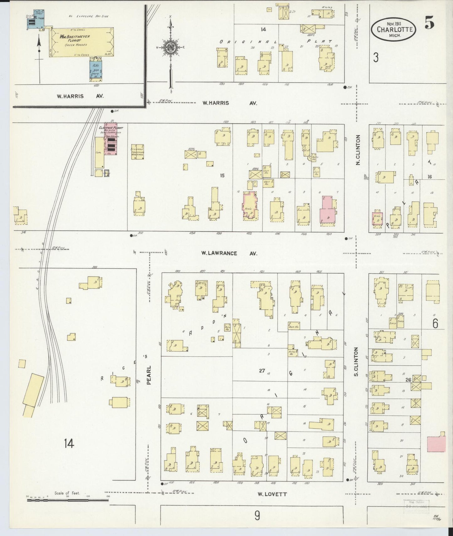 Sanborn Fire Insurance Map from Charlotte, Eaton County, Michigan (1911), Sheet #0005 - Historic Sanborn Fire Insurance Map Print, vintage old map wall art, antique decor, genealogy gift, Michigan Michigan map