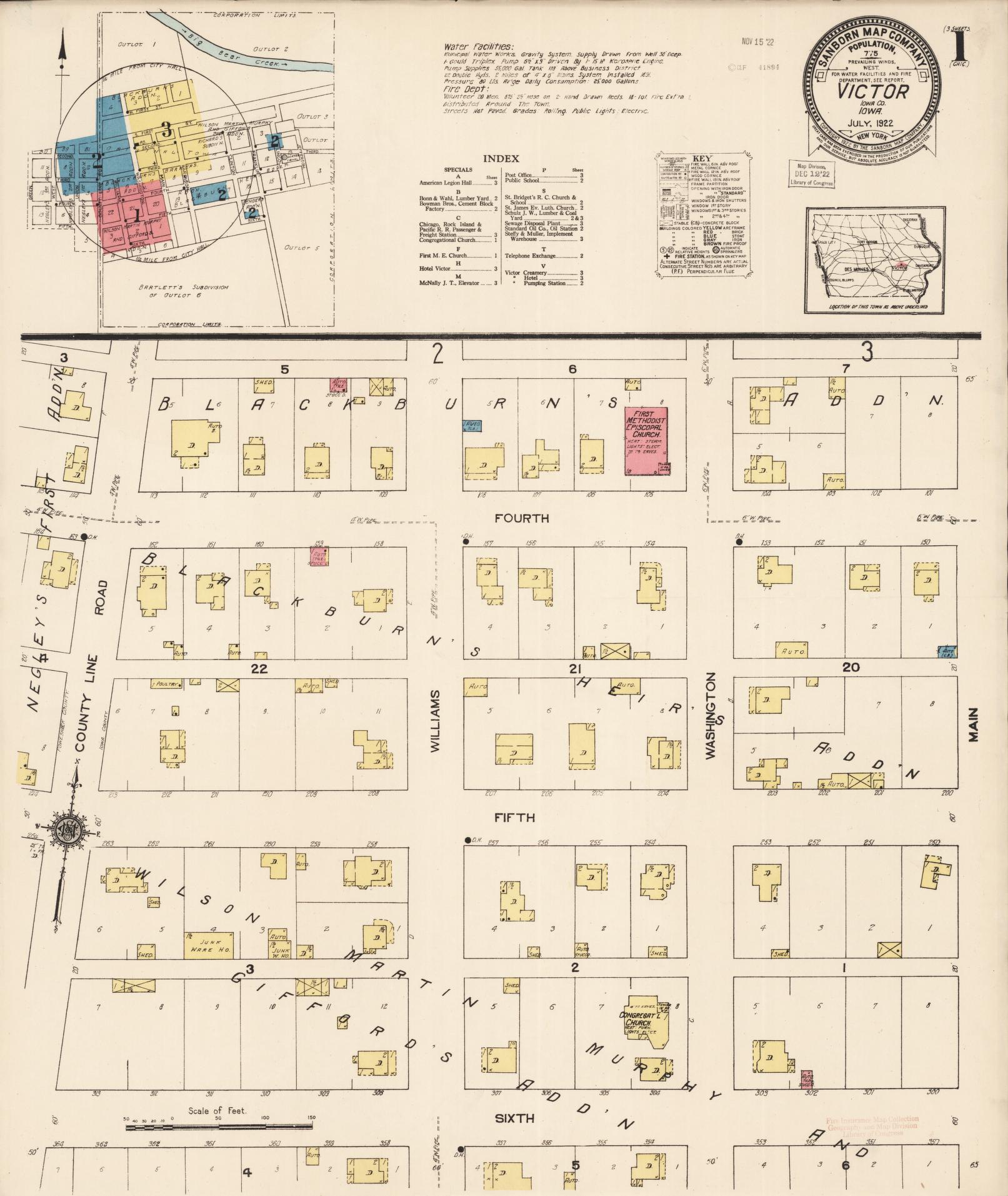 Sanborn Fire Insurance Map from Victor, Iowa County, Iowa (1922), Sheet #0001 - Historic Sanborn Fire Insurance Map Print