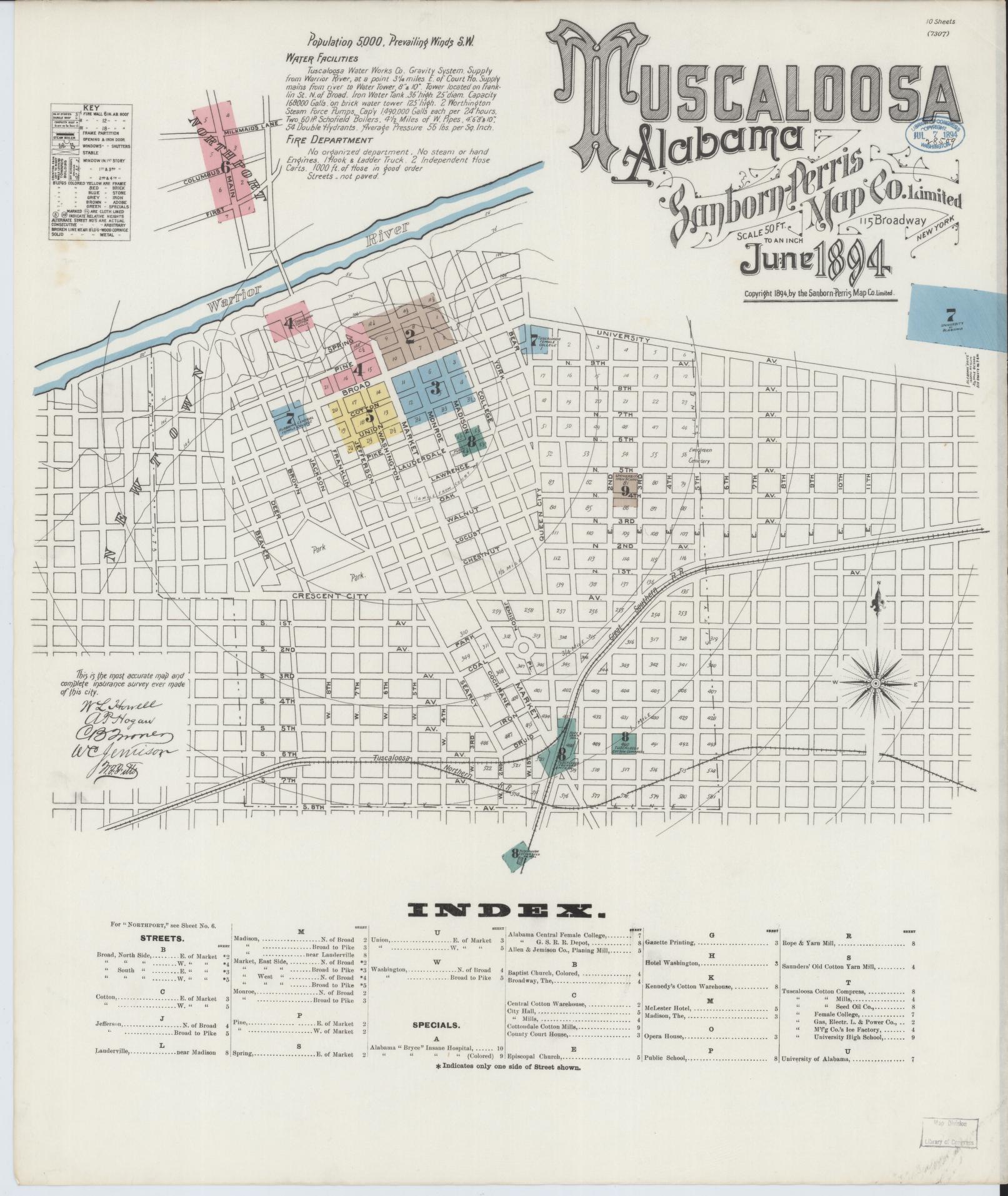 Sanborn Fire Insurance Map from Tuscaloosa, Tuscaloosa County, Alabama. (1894) – Historic Sanborn Fire Insurance Map Print