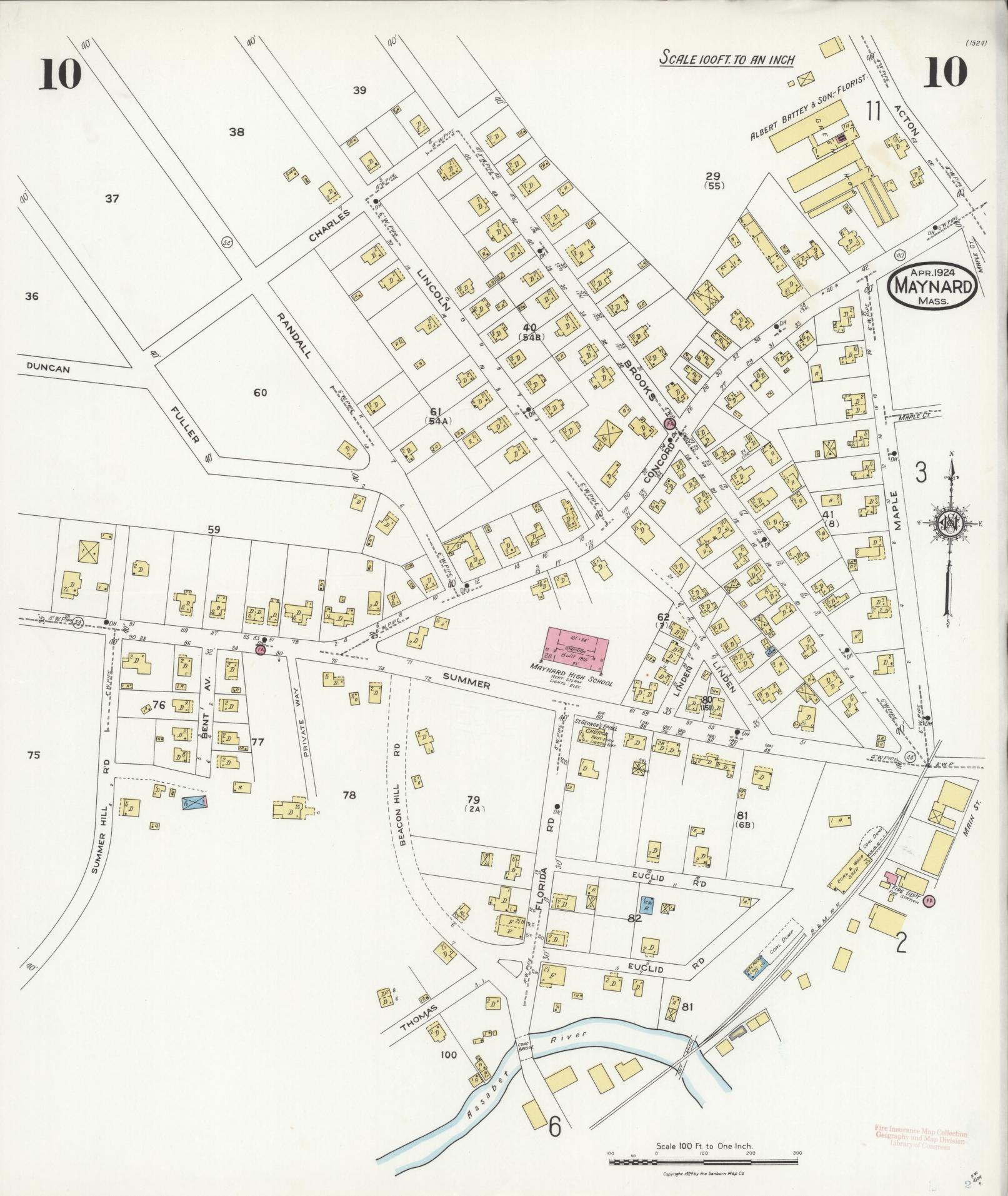 Sanborn Fire Insurance Map from Maynard, Middlesex County, Massachusetts (1924), Sheet #0010 - Complete Map Set gallery image, historic Sanborn map, vintage wall art, Massachusetts Massachusetts