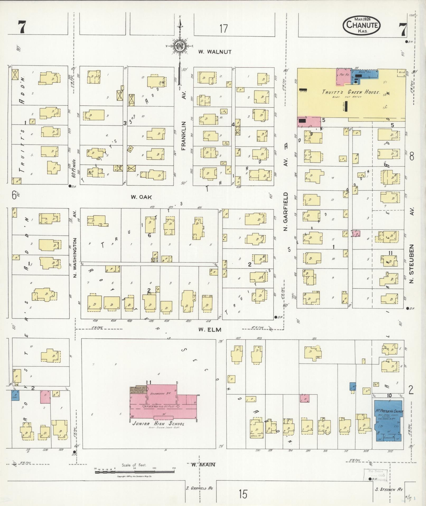 Sanborn Fire Insurance Map from Chanute, Neosho County, Kansas (1924), Sheet #0007 - Historic Sanborn Fire Insurance Map Print, vintage old map wall art, antique decor, genealogy gift, Kansas Kansas map