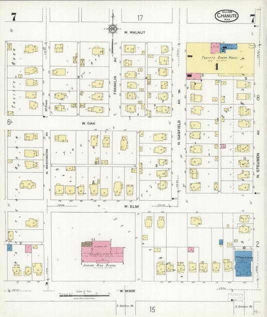 Sanborn Fire Insurance Map from Chanute, Neosho County, Kansas (1924), Sheet #0007 - Historic Sanborn Fire Insurance Map Print, vintage old map wall art, antique decor, genealogy gift, Kansas Kansas map