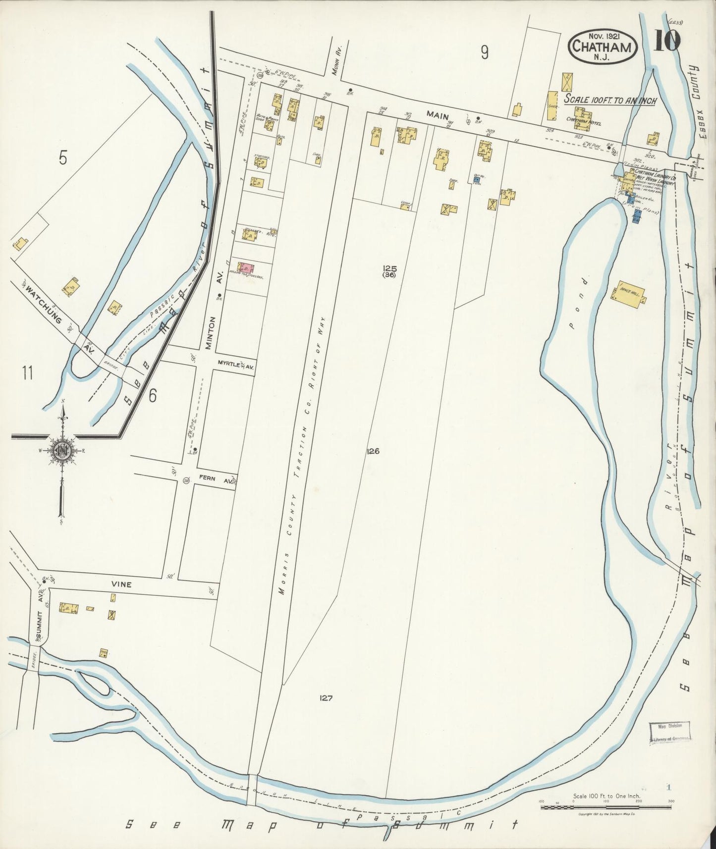 Sanborn Fire Insurance Map from Chatham, Morris County, New Jersey (1921), Sheet #0010 - Historic Sanborn Fire Insurance Map Print, vintage old map wall art, antique decor, genealogy gift, New Jersey New Jersey map