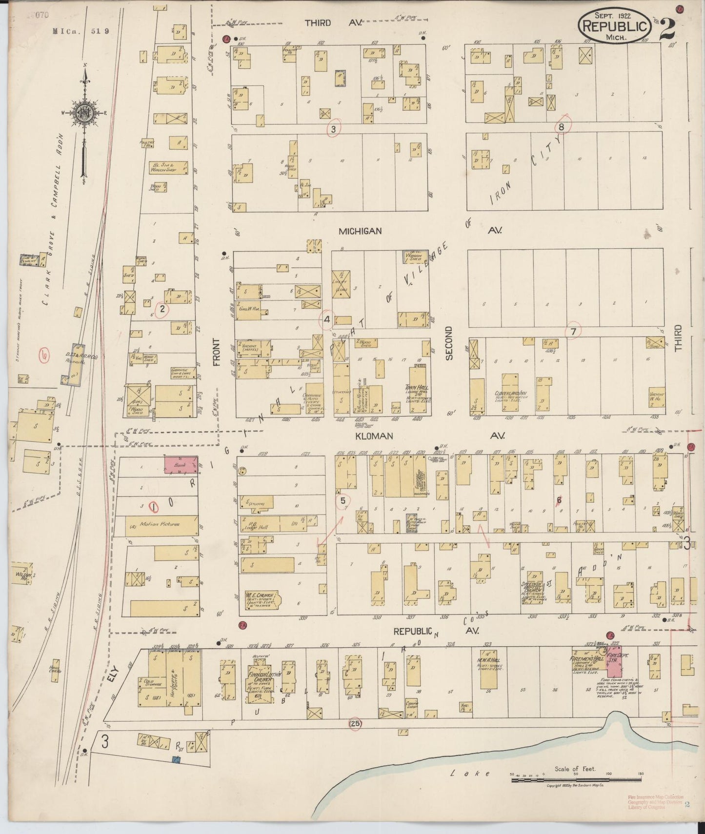 Sanborn Fire Insurance Map from Republic, Marquette County, Michigan (1922), Sheet #0002 - Complete Map Set gallery image, historic Sanborn map, vintage wall art, Michigan Michigan