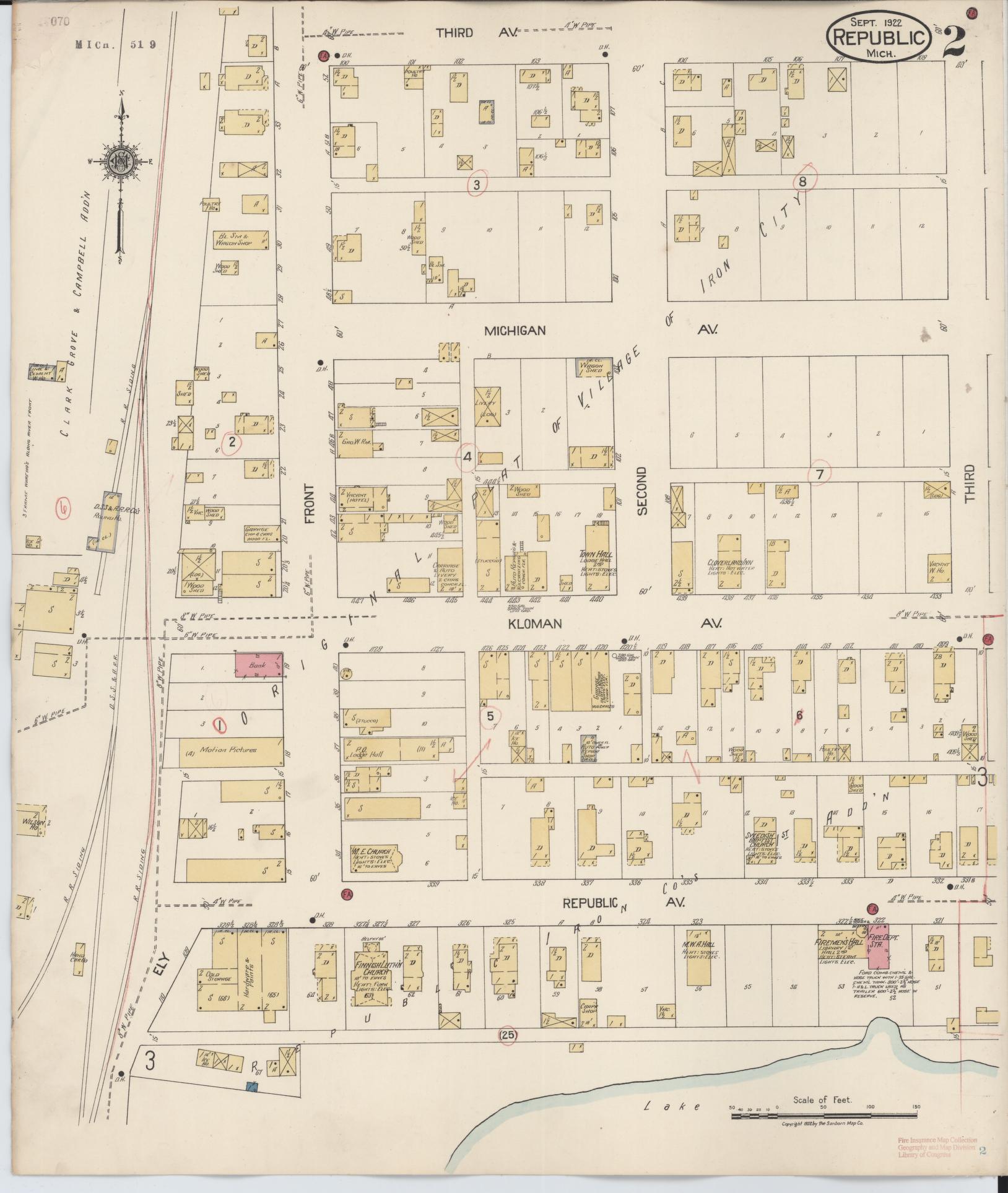 Sanborn Fire Insurance Map from Republic, Marquette County, Michigan (1922), Sheet #0002 - Complete Map Set gallery image, historic Sanborn map, vintage wall art, Michigan Michigan