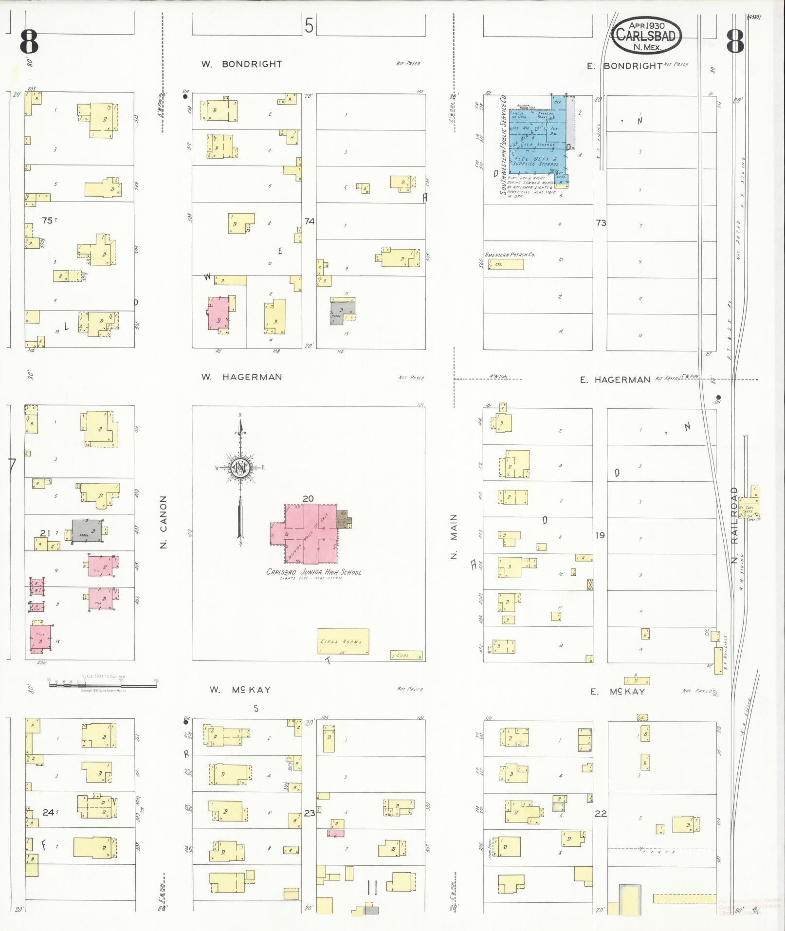 Sanborn Fire Insurance Map from Carlsbad, Eddy County, New Mexico (1930), Sheet #0008 - Complete Map Set gallery image, historic Sanborn map, vintage wall art, New Mexico New Mexico