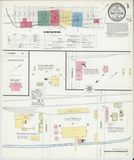Sanborn Fire Insurance Map from Fort Payne, Dekalb County, Alabama (1909), Sheet #0001 - Historic Sanborn Fire Insurance Map Print, vintage old map wall art, antique decor, genealogy gift, Alabama Alabama map
