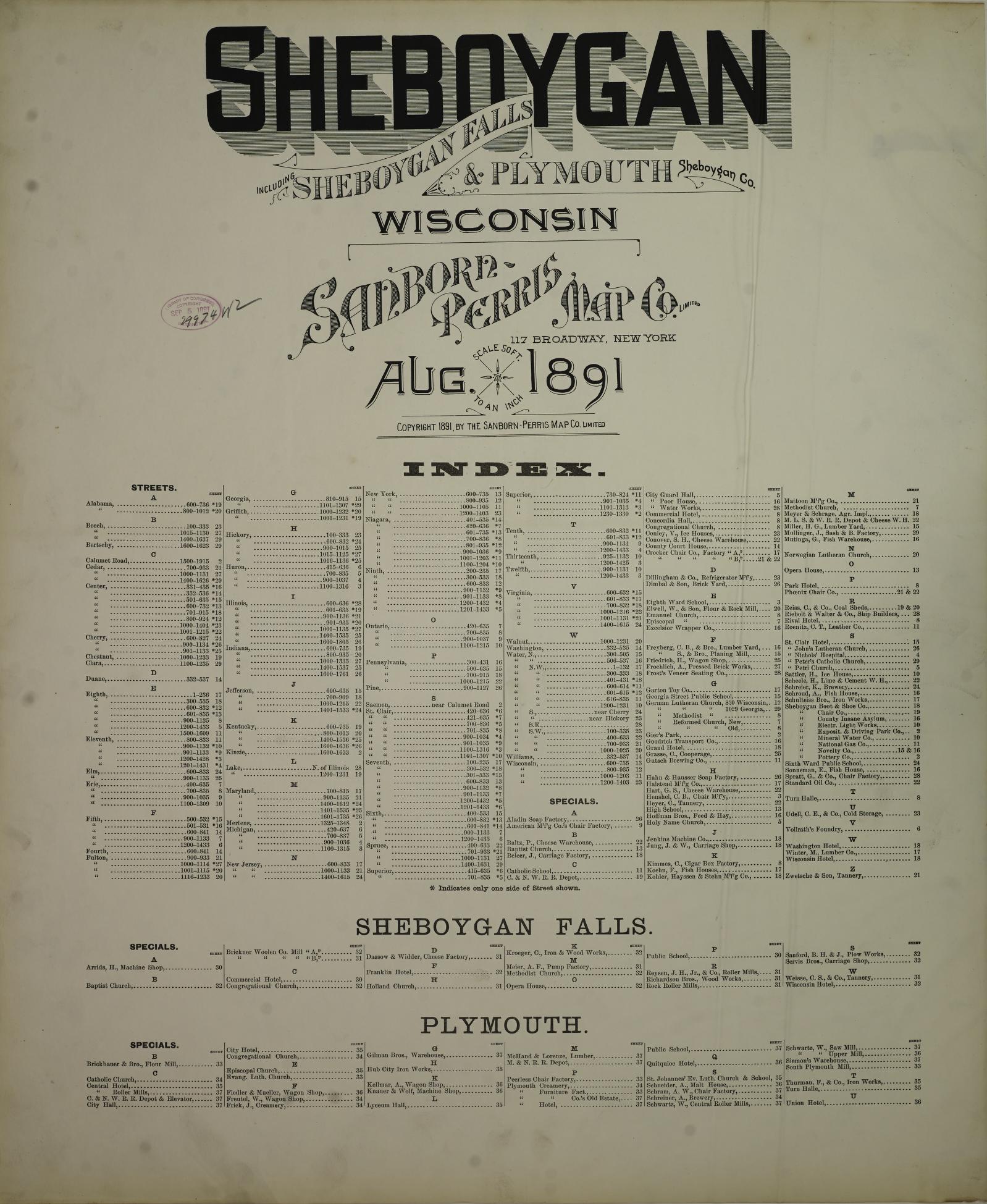 Sanborn Fire Insurance Map from Sheboygan, Sheboygan County, Wisconsin (1891), Sheet #0001 - Historic Sanborn Fire Insurance Map Print, vintage old map wall art, antique decor, genealogy gift, Wisconsin Wisconsin map
