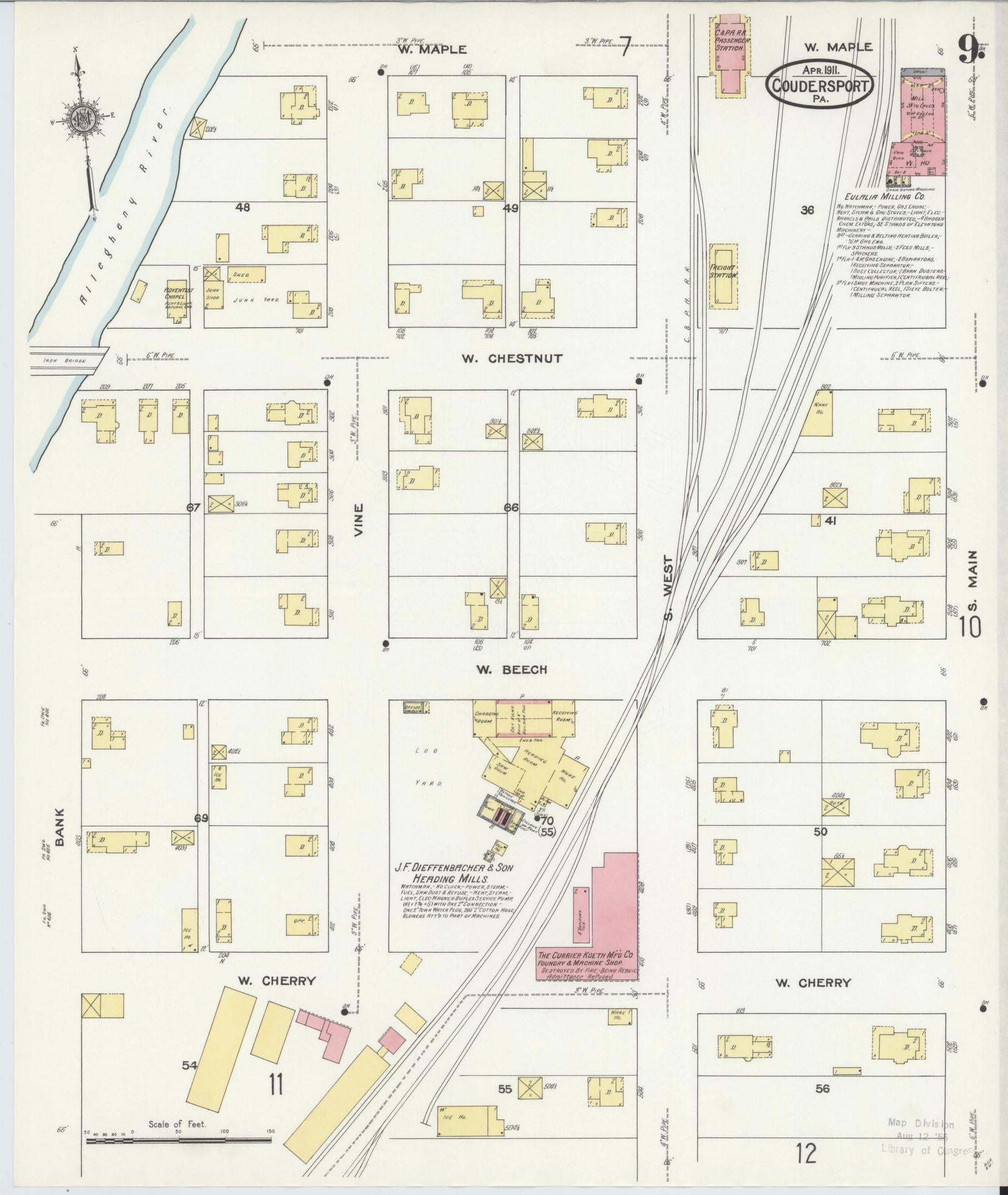 Sanborn Fire Insurance Map from Coudersport, Potter County, Pennsylvania (1911), Sheet #0009 - Historic Sanborn Fire Insurance Map Print, vintage old map wall art, antique decor, genealogy gift, Pennsylvania Pennsylvania map