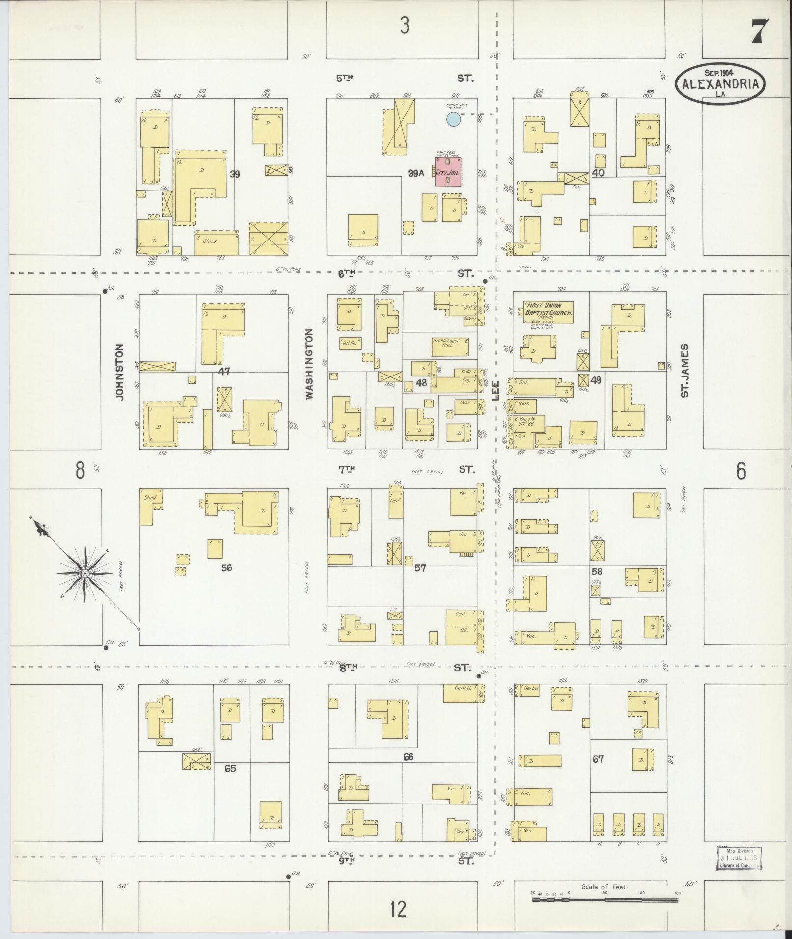Sanborn Fire Insurance Map from Alexandria, Rapides Parish, Louisiana (1904), Sheet #0007 - Complete Map Set gallery image, historic Sanborn map, vintage wall art, Louisiana Louisiana