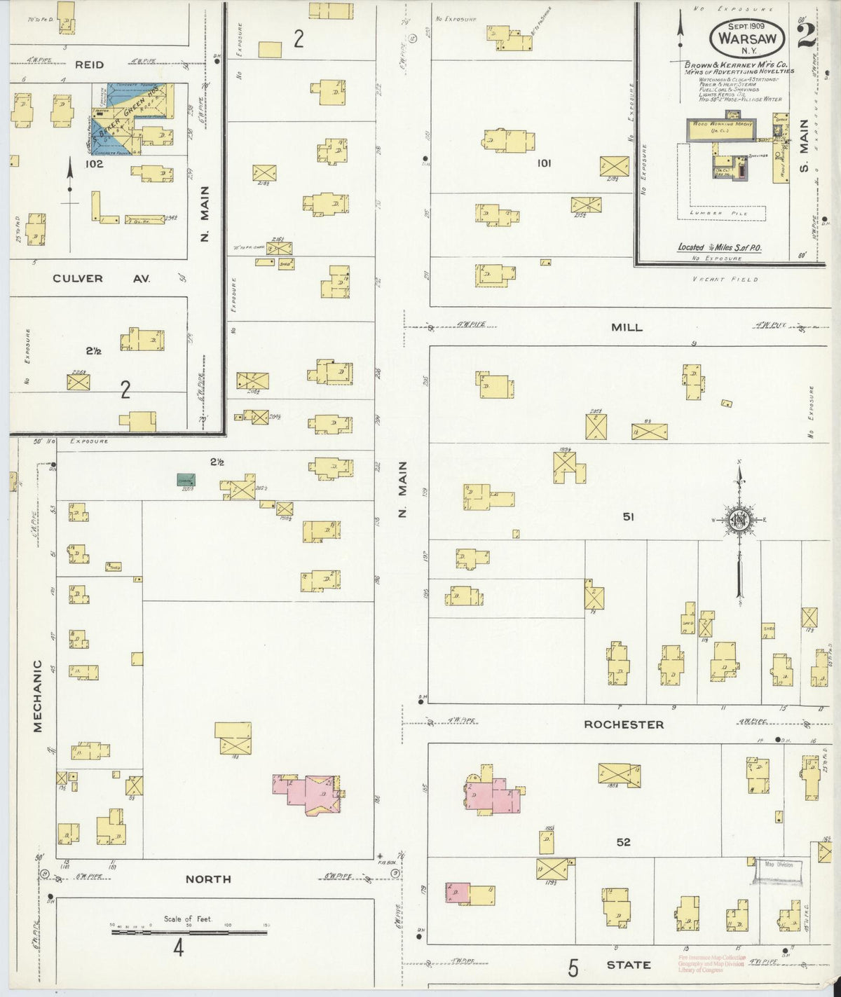 Sanborn Fire Insurance Map from Warsaw, Wyoming County, New York (1909), Sheet #0002 - Historic Sanborn Fire Insurance Map Print, vintage old map wall art, antique decor, genealogy gift, Warsaw Wyoming map