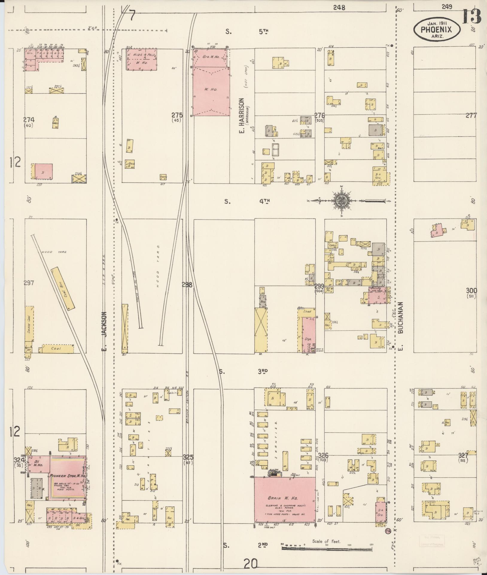 Sanborn Fire Insurance Map from Phoenix, Maricopa County, Arizona (1911), Sheet #0013 - Historic Sanborn Fire Insurance Map Print, vintage old map wall art, antique decor, genealogy gift, Arizona Arizona map