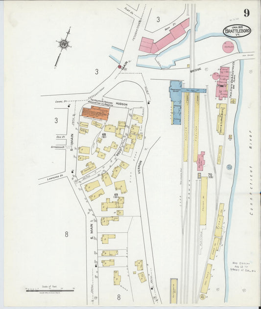 Sanborn Fire Insurance Map from Brattleboro, Windham County, Vermont (1919), Sheet #0009 - Historic Sanborn Fire Insurance Map Print, vintage old map wall art, antique decor, genealogy gift, Vermont Vermont map