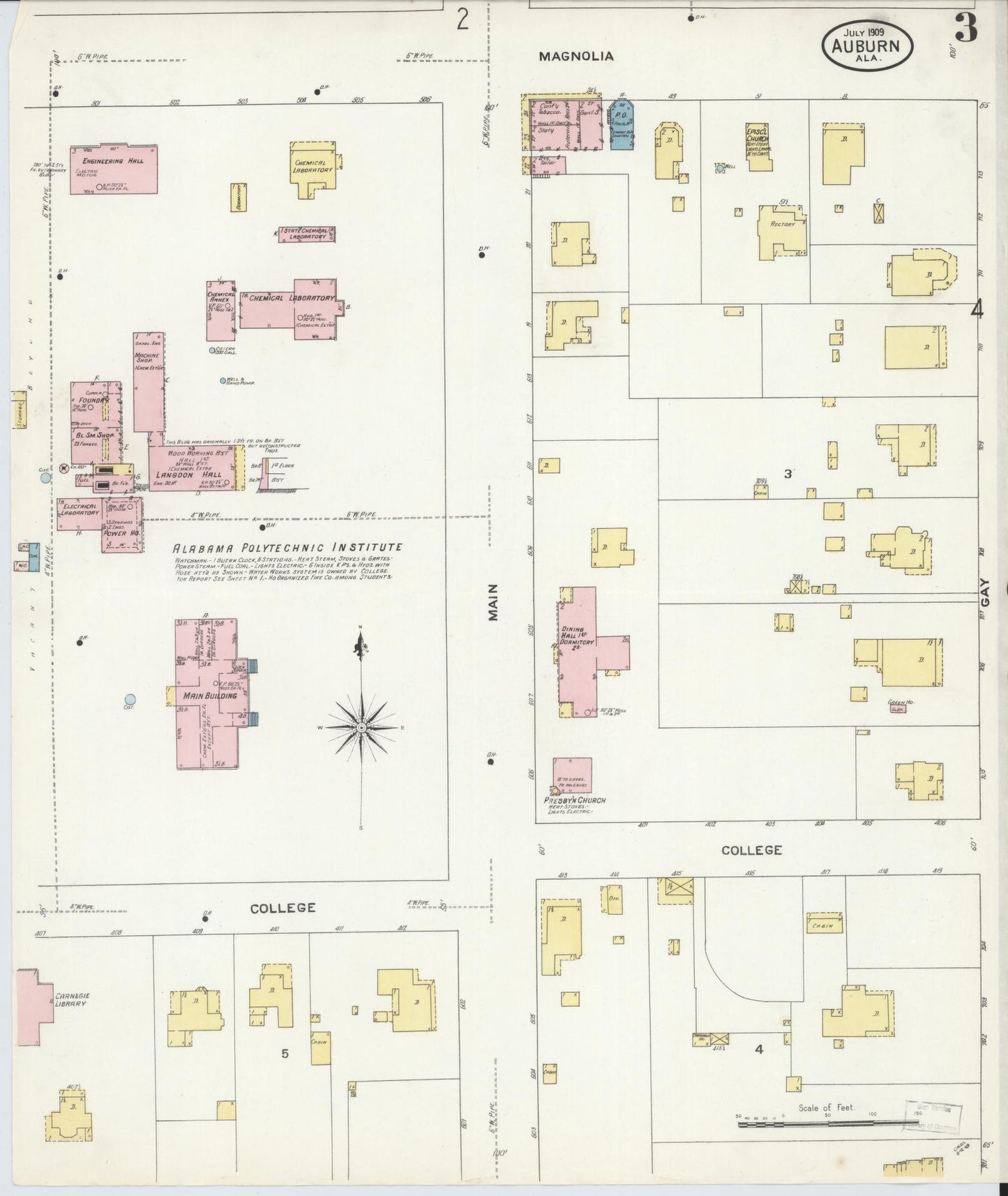 Sanborn Fire Insurance Map from Auburn, Lee County, Alabama (1909), Sheet #0003 - Historic Sanborn Fire Insurance Map Print, vintage old map wall art, antique decor, genealogy gift, Alabama Alabama map
