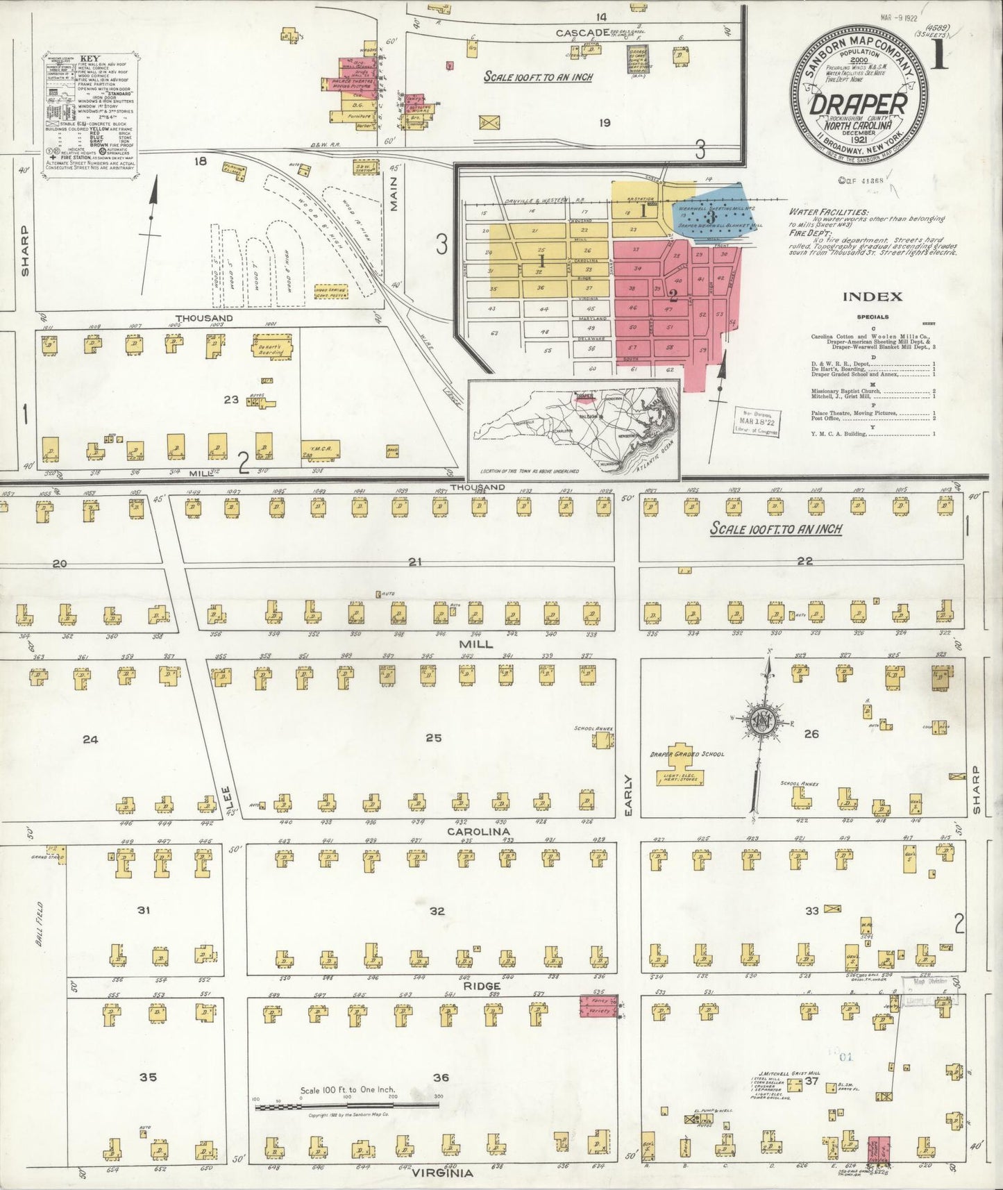 Sanborn Fire Insurance Map from Draper, Rockingham County, North Carolina (1921), Sheet #0001 - Complete Map Set gallery image, historic Sanborn map, vintage wall art, North Carolina North Carolina