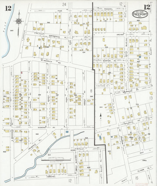 Sanborn Fire Insurance Map from Freeport, Nassau County, New York (1928), Sheet #0012 - Historic Sanborn Fire Insurance Map Print, vintage old map wall art, antique decor, genealogy gift, New York New York map