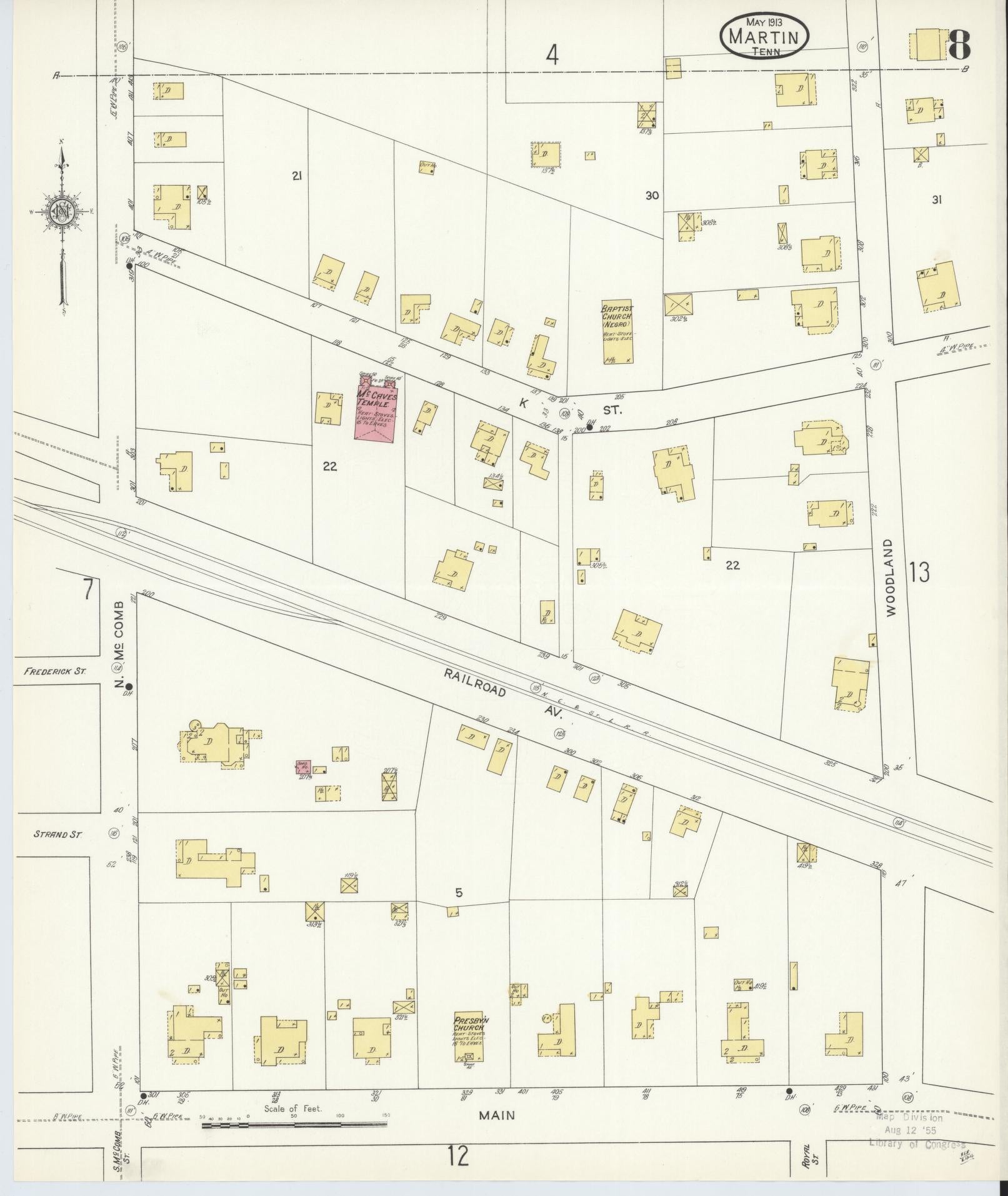 Sanborn Fire Insurance Map from Martin, Weakley County, Tennessee (1913), Sheet #0008 - Historic Sanborn Fire Insurance Map Print, vintage old map wall art, antique decor, genealogy gift, Tennessee Tennessee map