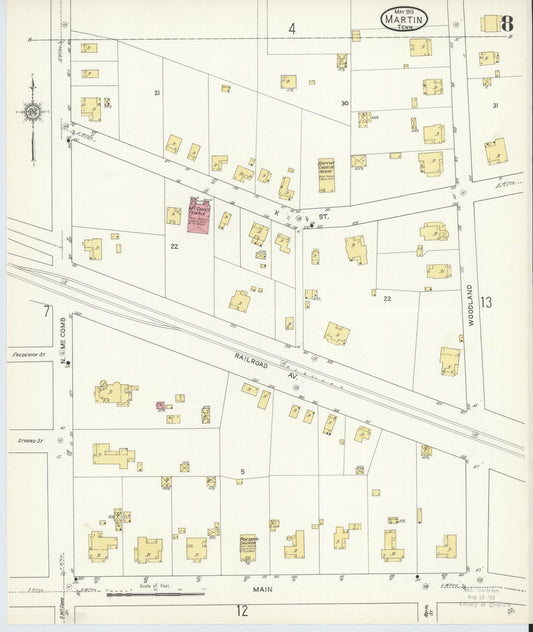 Sanborn Fire Insurance Map from Martin, Weakley County, Tennessee (1913), Sheet #0008 - Historic Sanborn Fire Insurance Map Print, vintage old map wall art, antique decor, genealogy gift, Tennessee Tennessee map