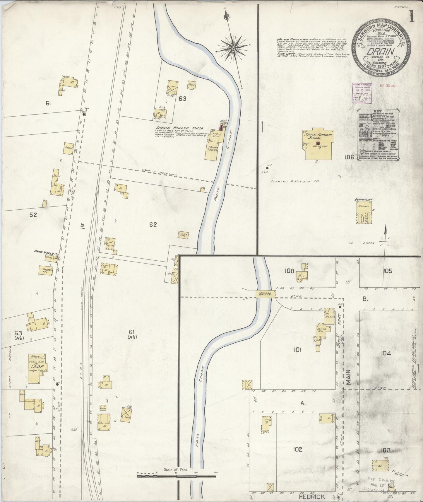 Sanborn Fire Insurance Map from Drain, Douglas County, Oregon (1907), Sheet #0001 - Historic Sanborn Fire Insurance Map Print, vintage old map wall art, antique decor, genealogy gift, Oregon Oregon map