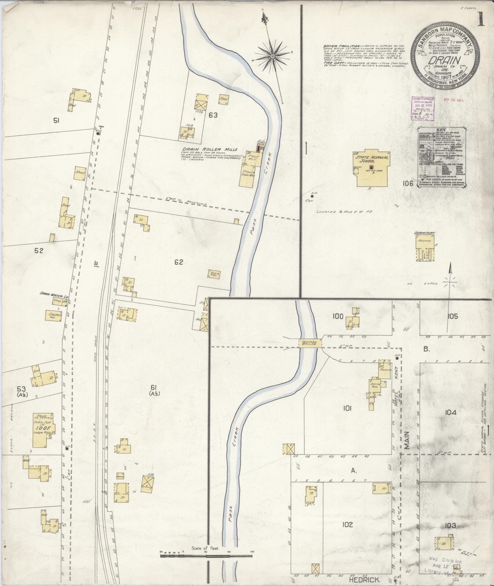 Sanborn Fire Insurance Map from Drain, Douglas County, Oregon (1907), Sheet #0001 - Historic Sanborn Fire Insurance Map Print, vintage old map wall art, antique decor, genealogy gift, Oregon Oregon map